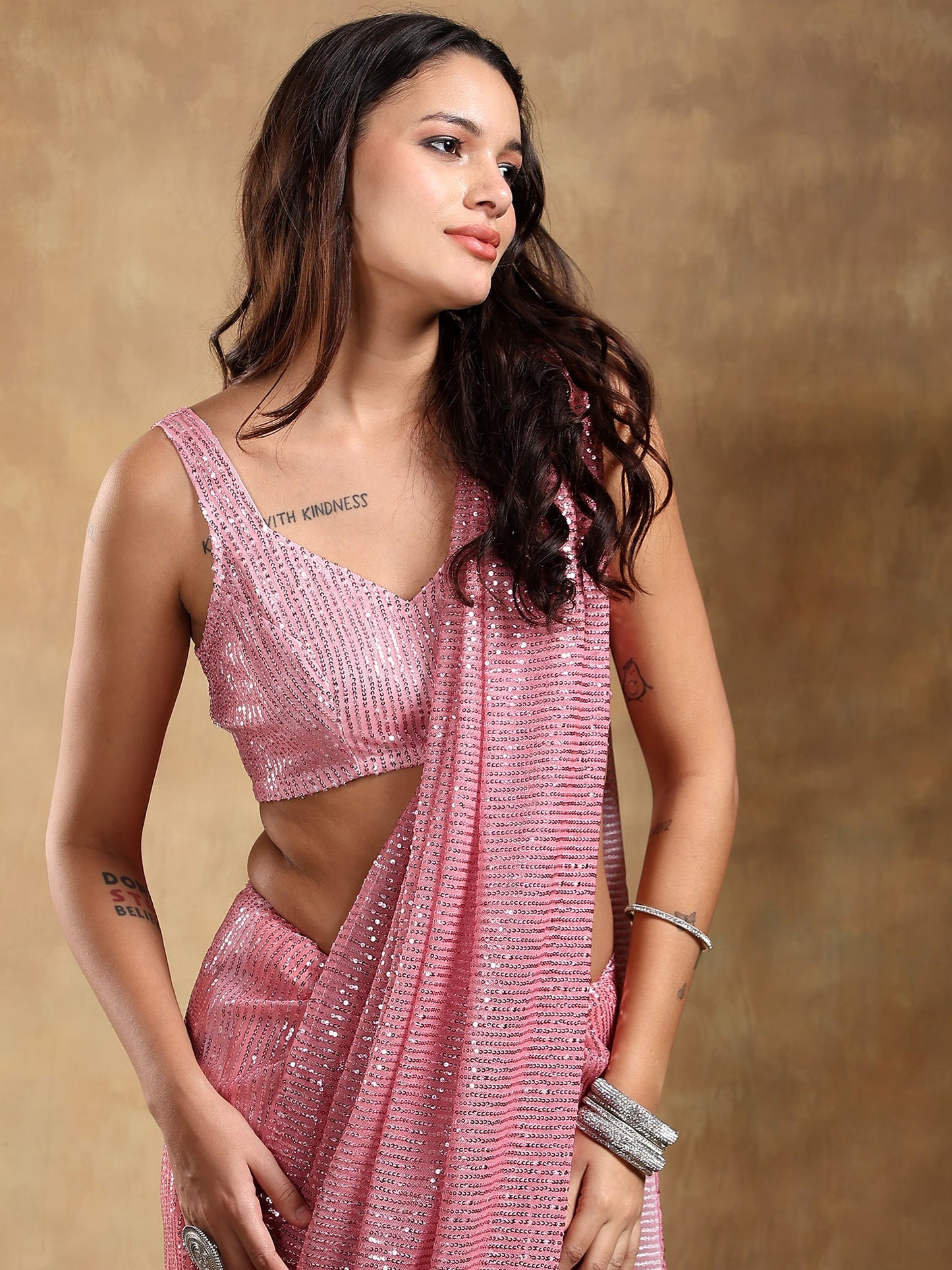 Pink Sequin Silver Pre stitched Saree