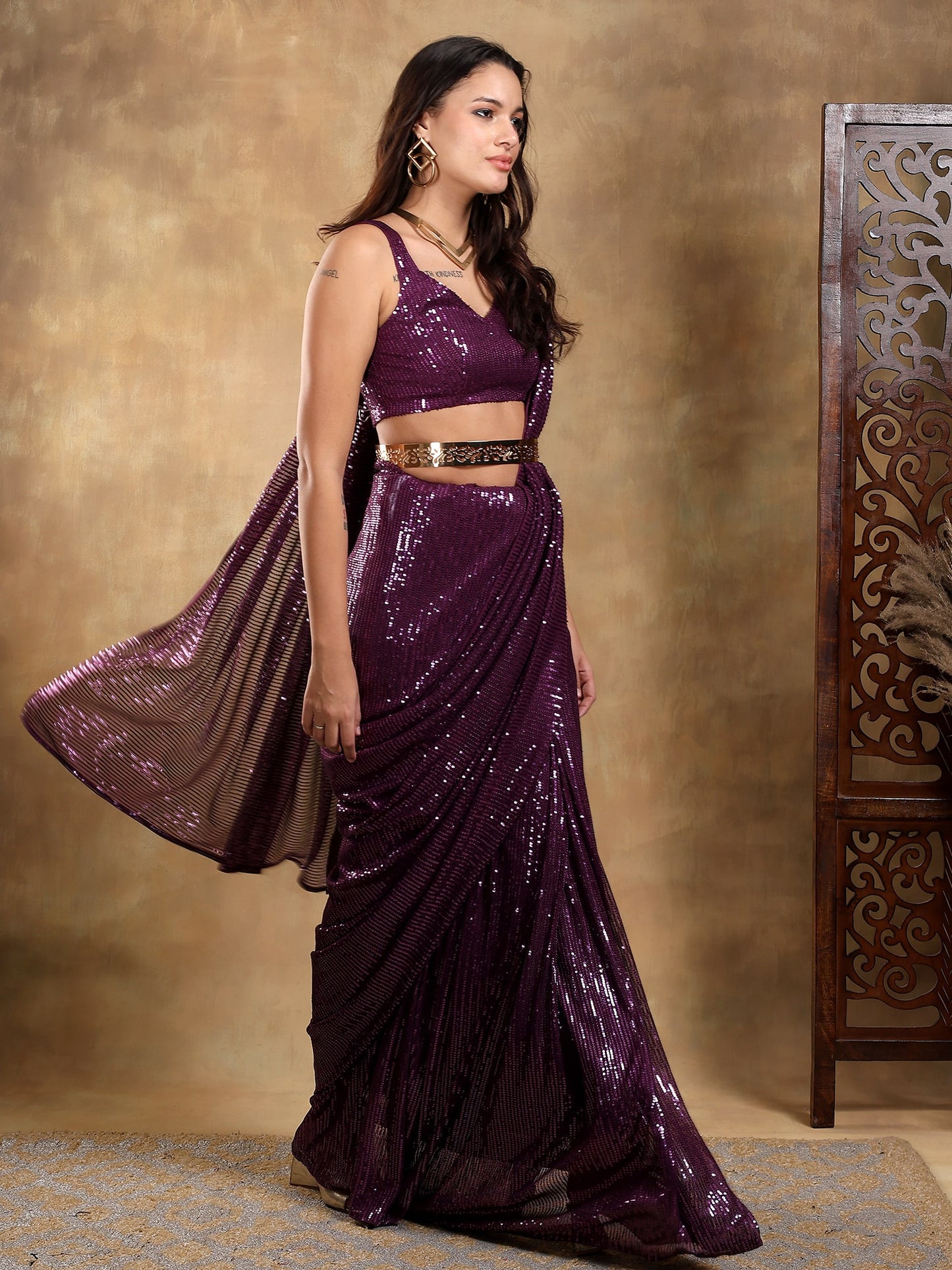 Purple Sequin Pre stitched saree