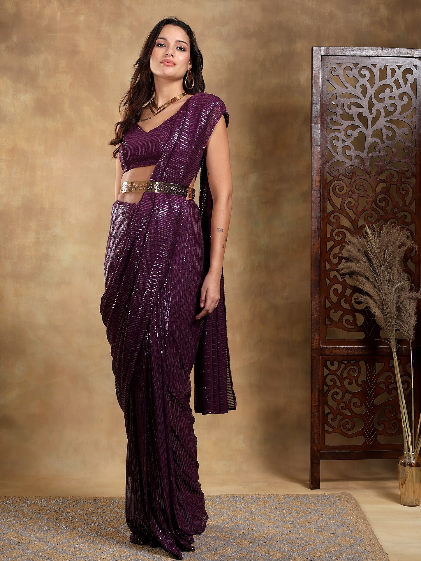 Purple Sequin Pre stitched saree