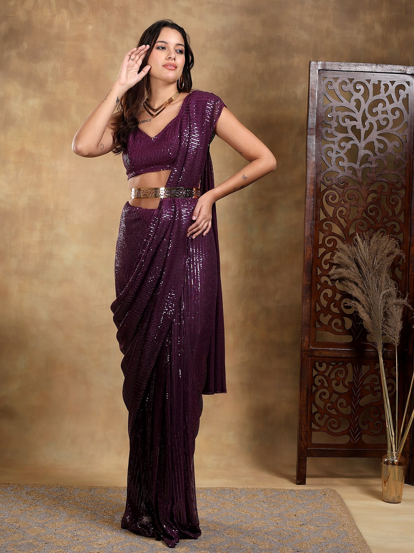 Purple Sequin Pre stitched saree