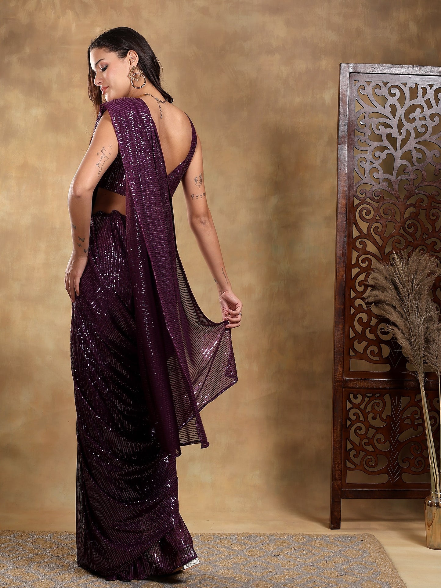 Purple Sequin Pre stitched saree
