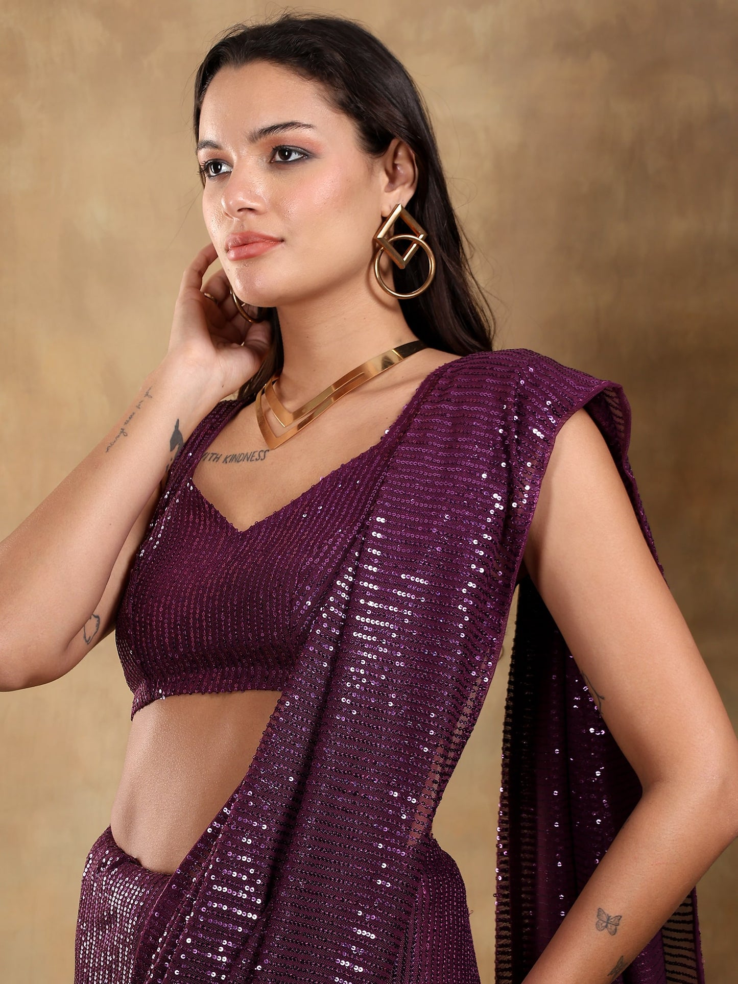 Purple Sequin Pre stitched saree