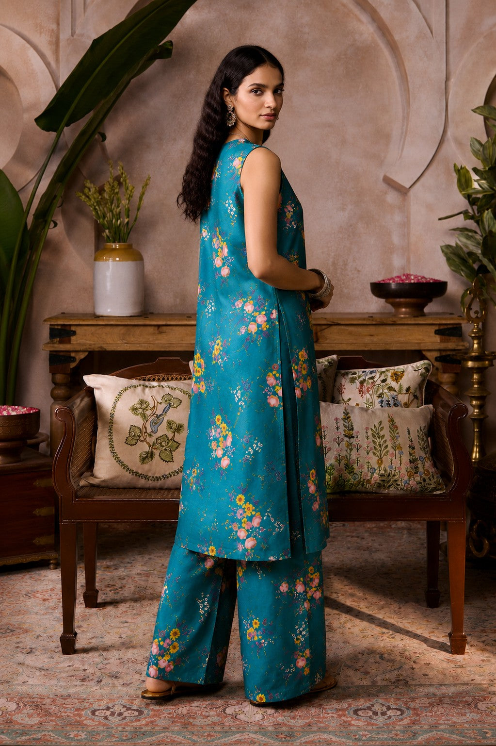Turquoise Bloom Silk Suit Set