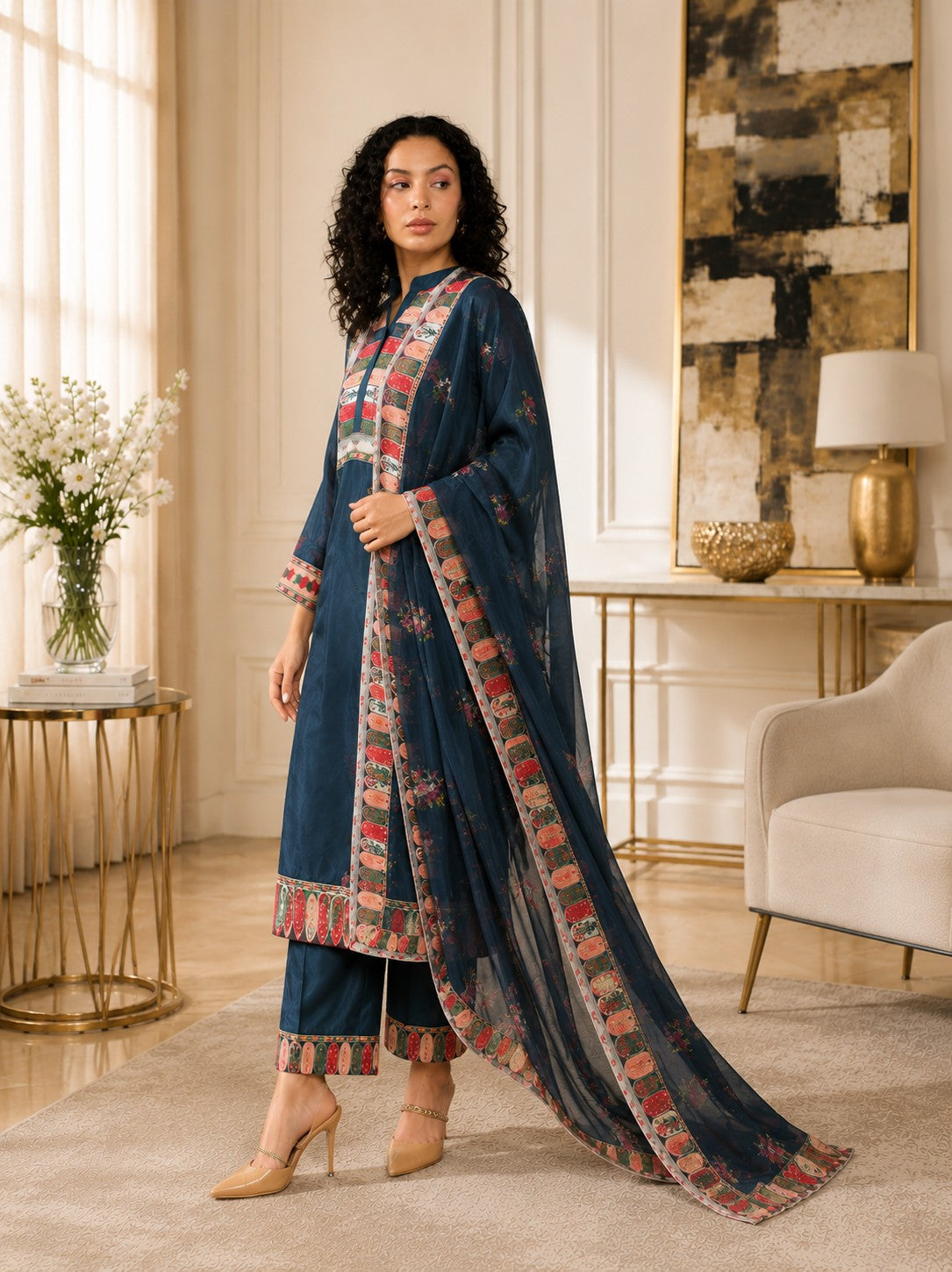 Elegance in Blue Print Suit Set with Dupatta