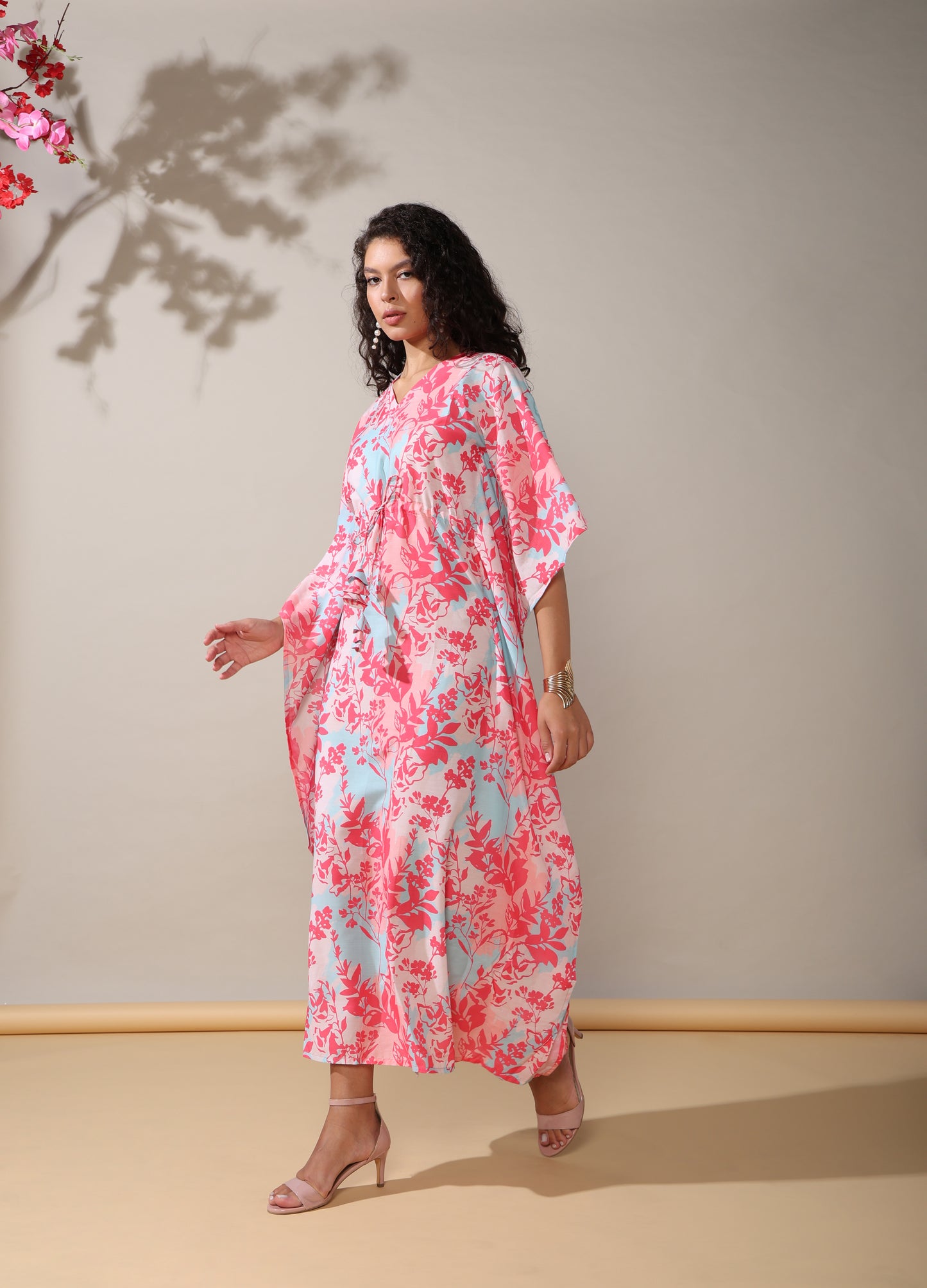 Sky pink blue cotton muslin Long kaftan dress