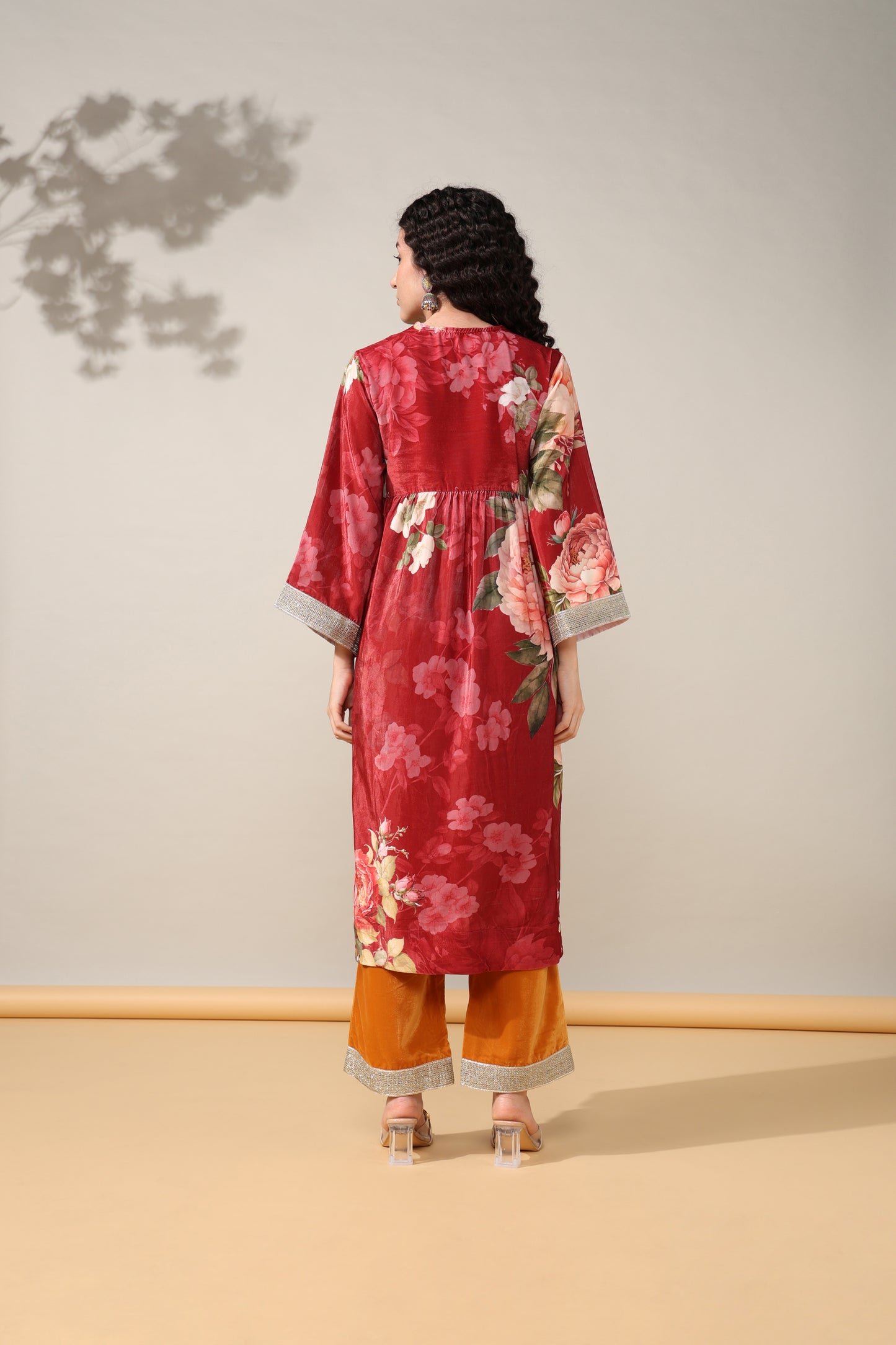 HOK ENSEMBLE - Printed Maroon yellow floral Velvet Suit set