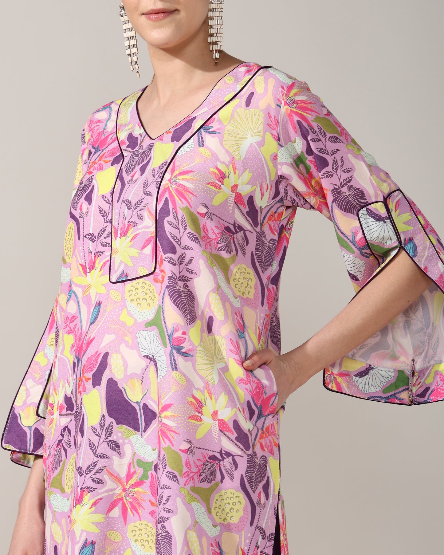 Floral purple cotton silk suit set of 2