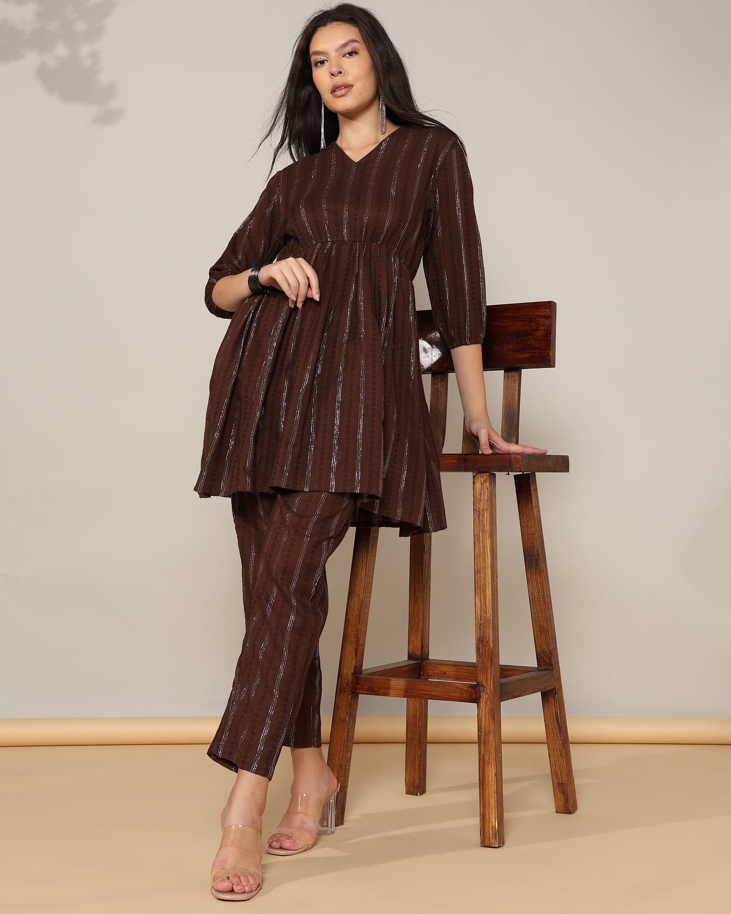 Coffee brown cotton lurex Coord set of 2