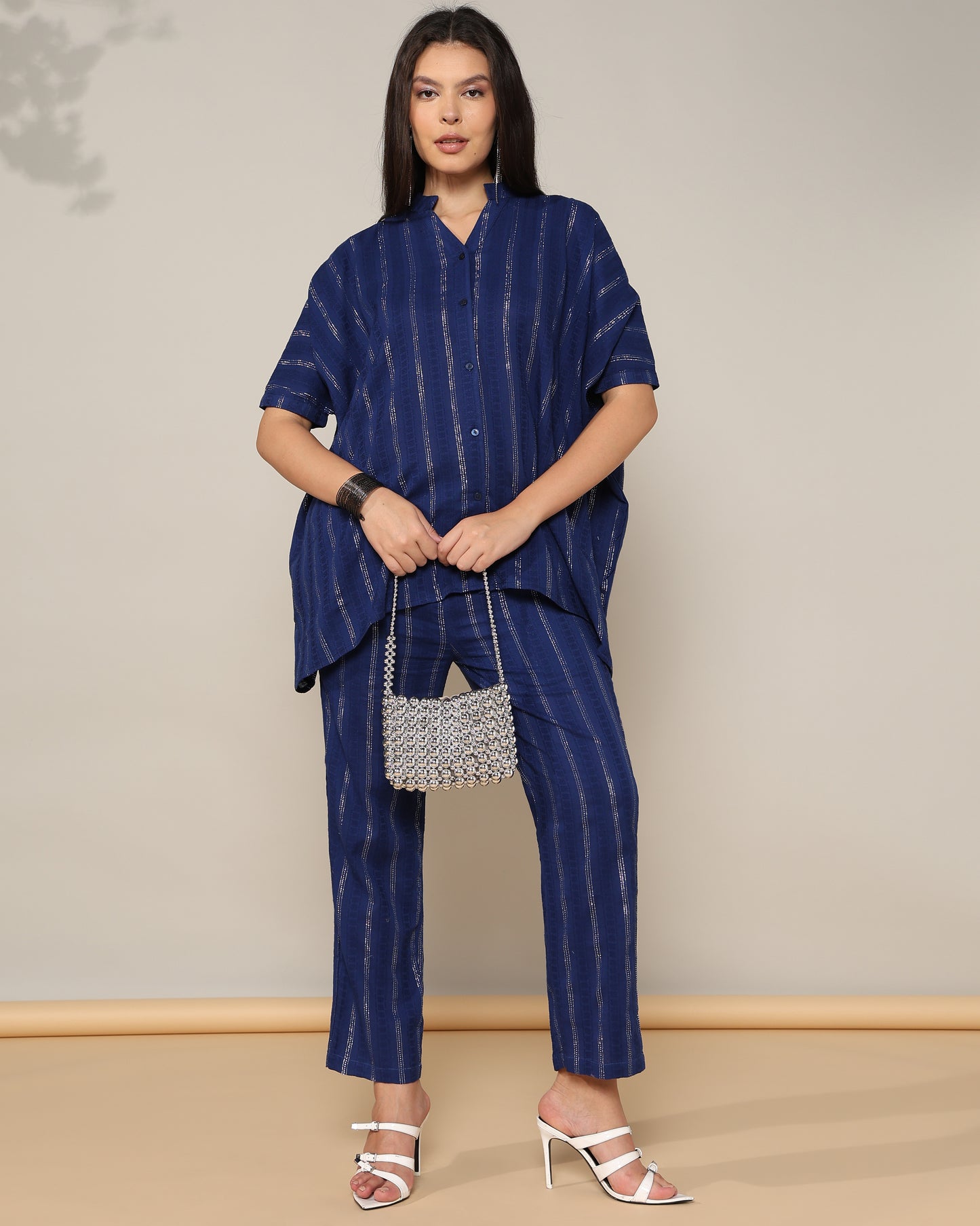 Navy Blue Cotton lurex Coord set