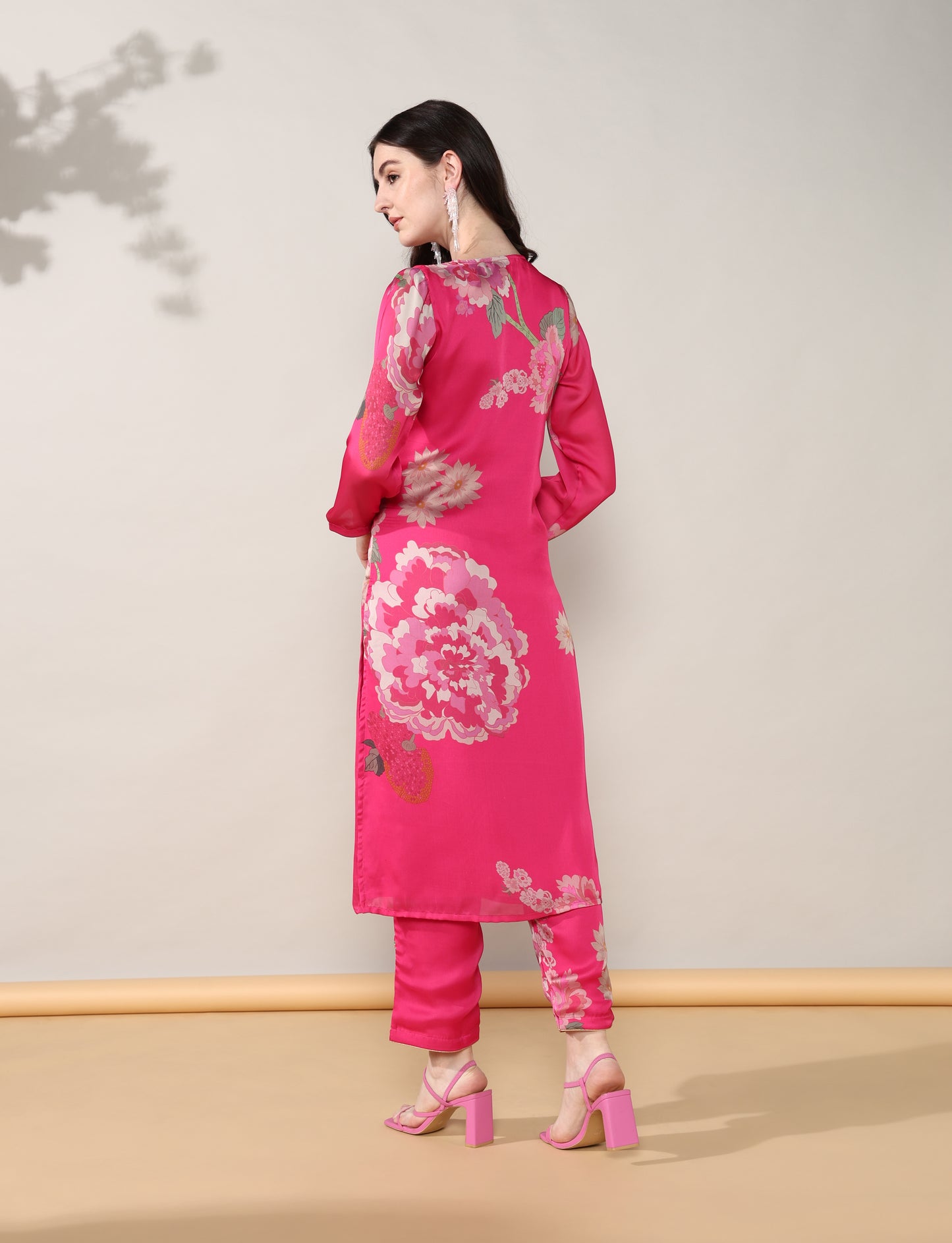 Pink golden Georgette satin suit with organza dupatta set of 3