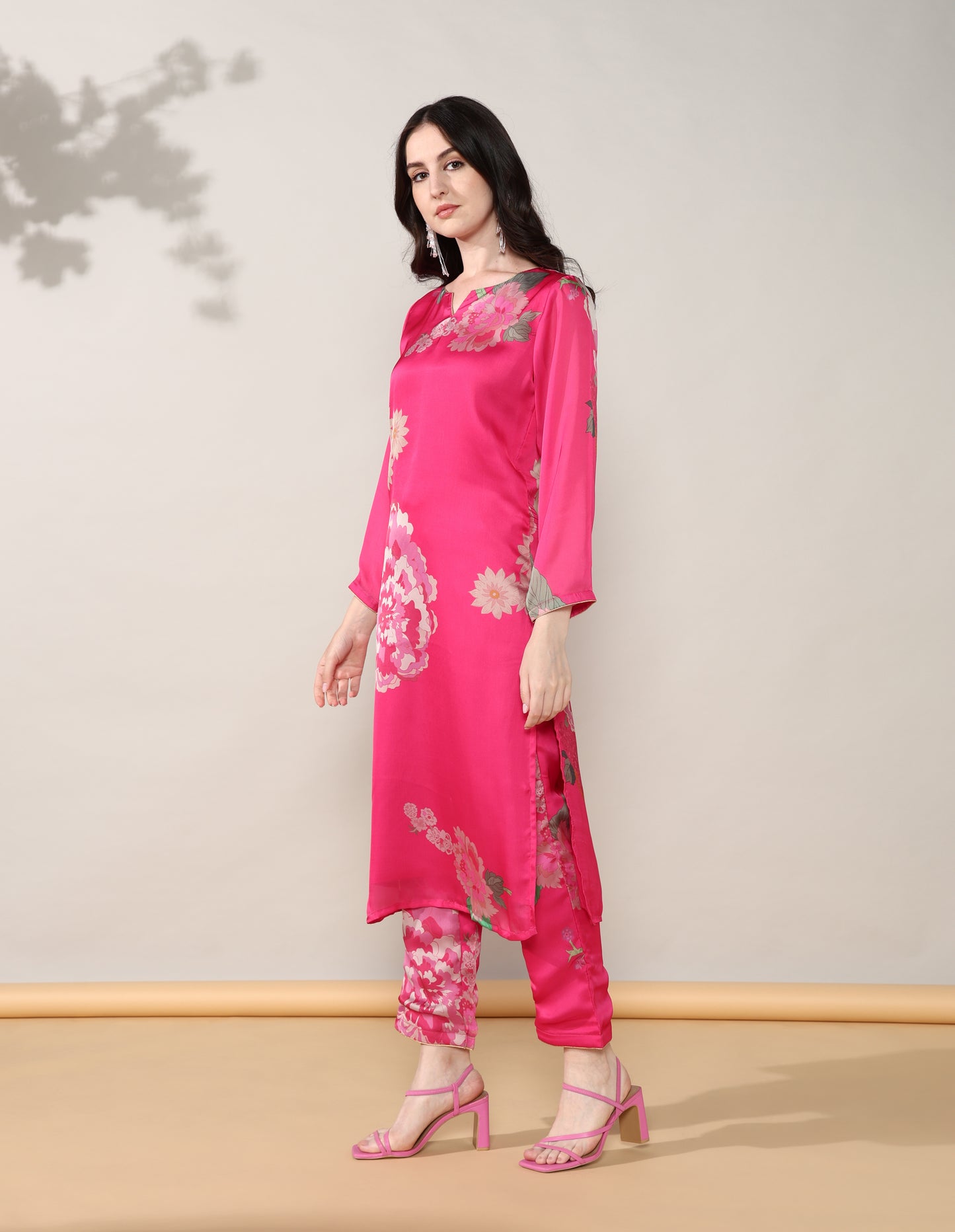 Pink golden Georgette satin suit with organza dupatta set of 3