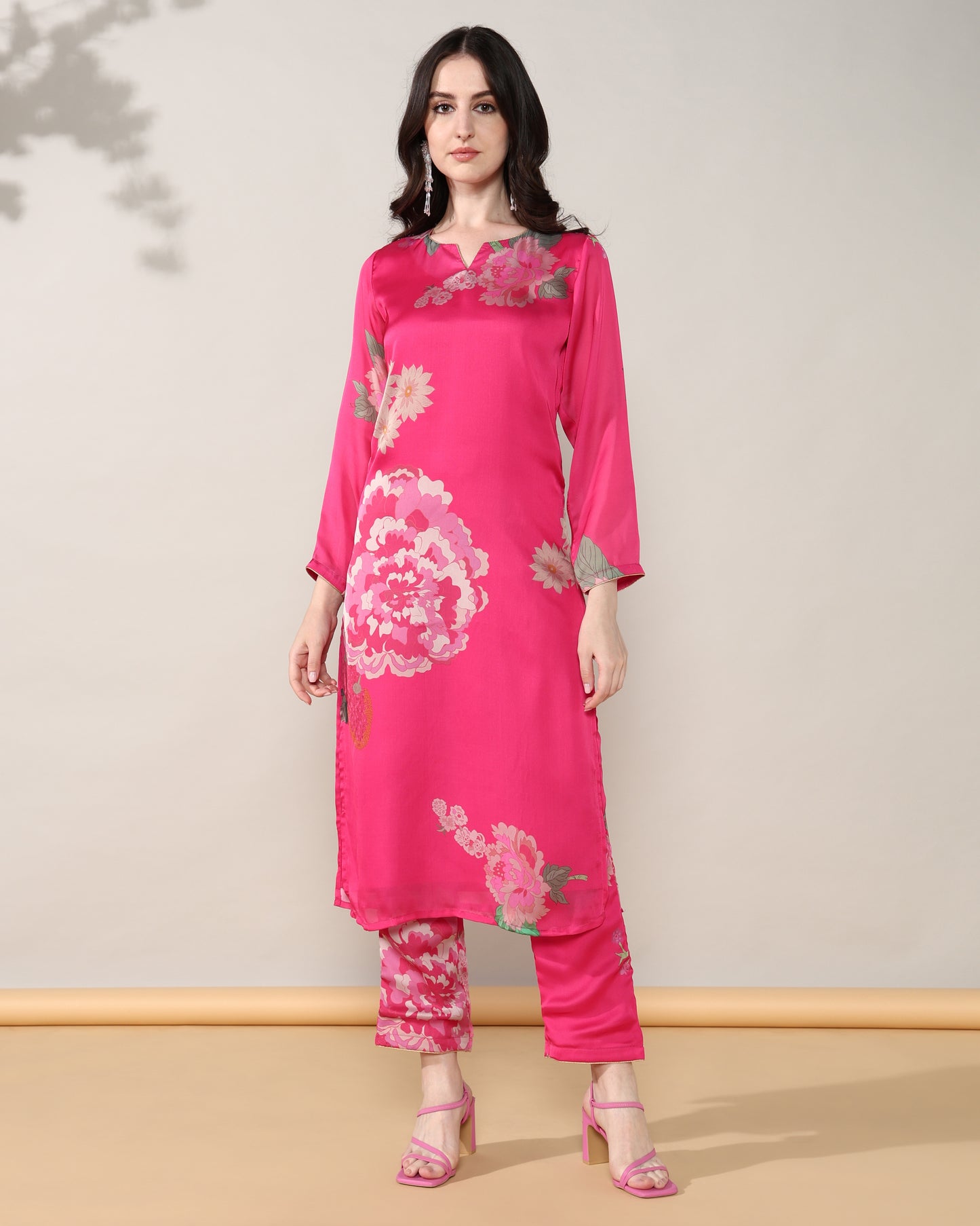 Pink golden Georgette satin suit with organza dupatta set of 3