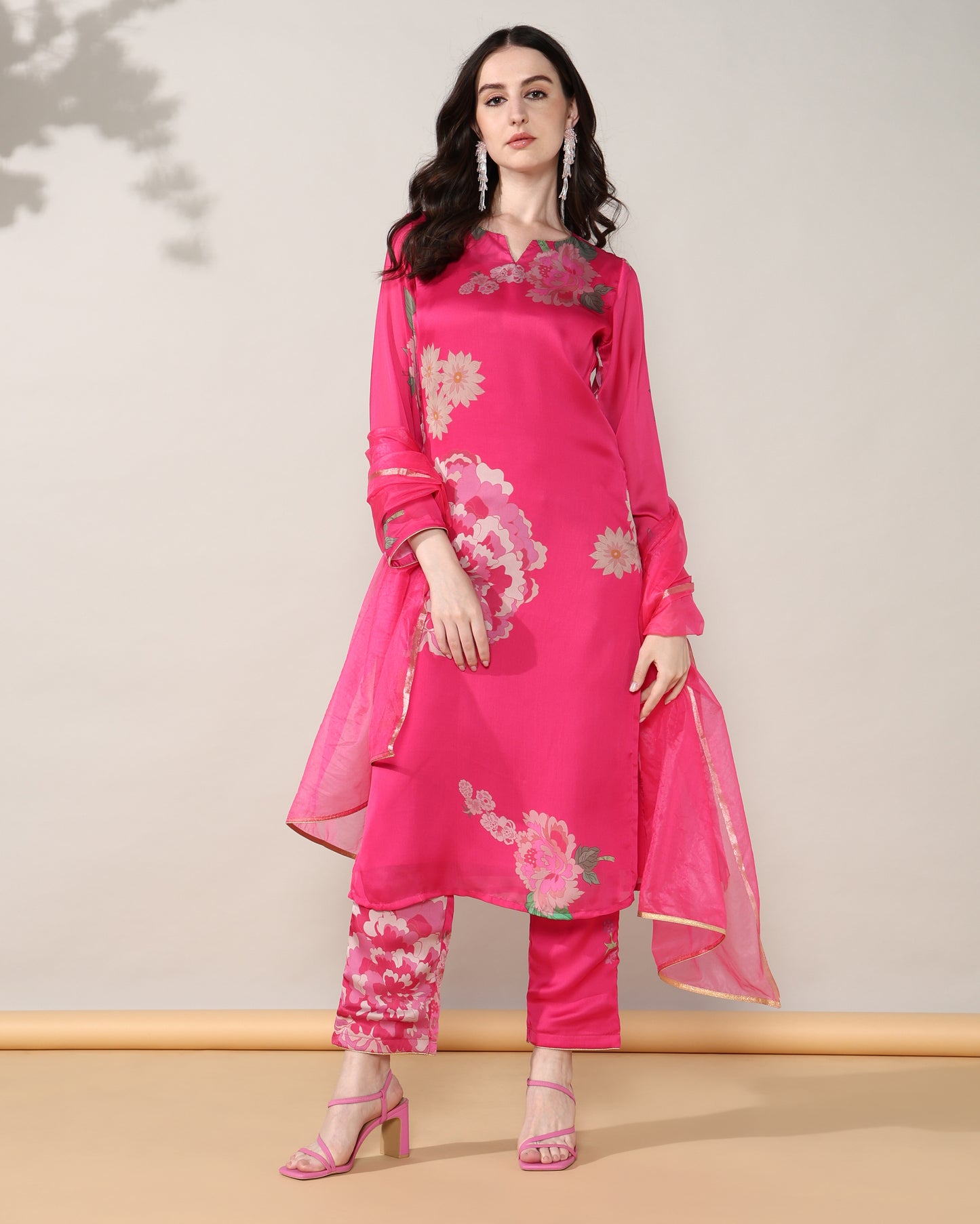 Pink golden Georgette satin suit with organza dupatta set of 3
