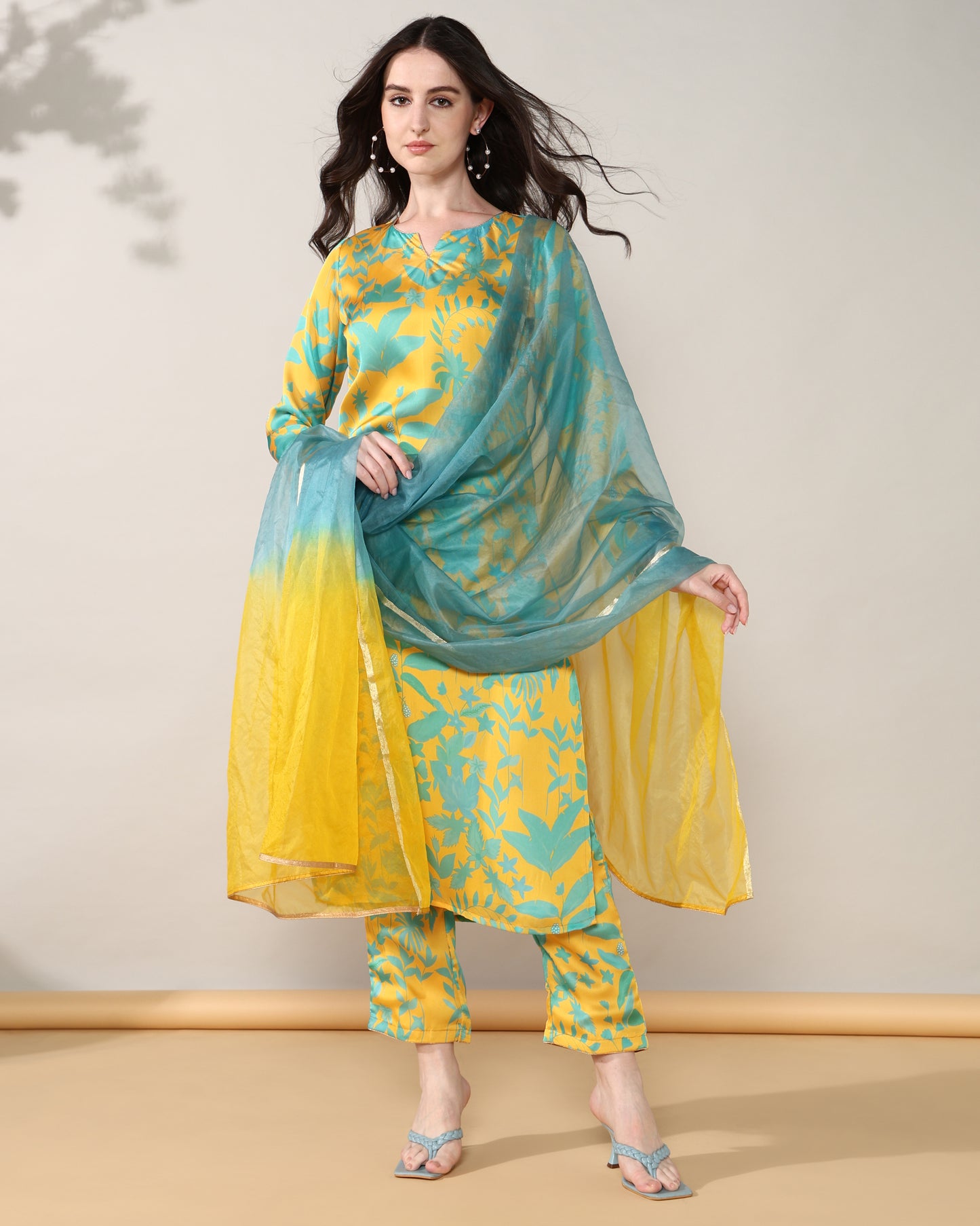 Mustard blue Georgette satin suit with organza dupatta set of 3