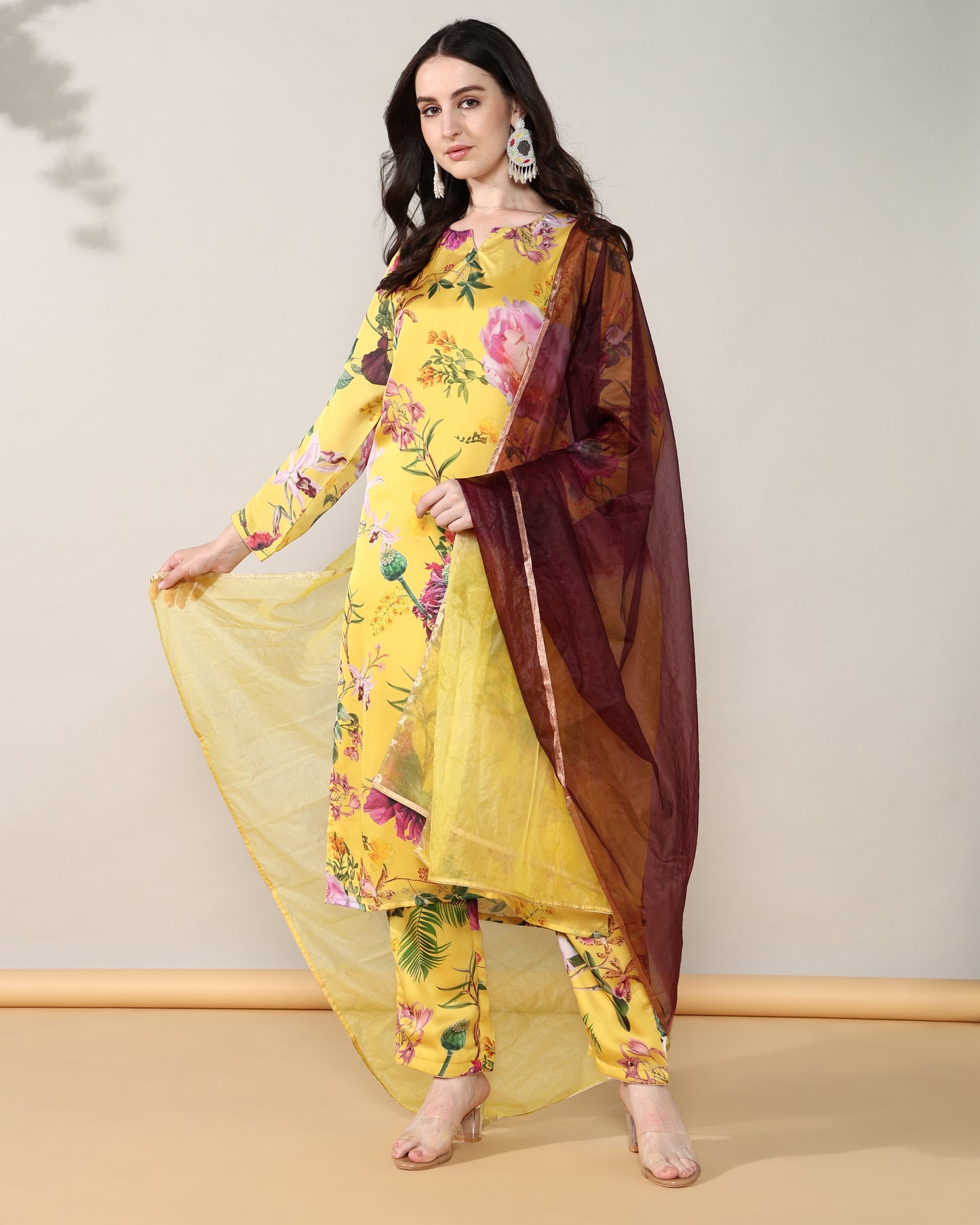Yellow floral Georgette satin suit with organza dupatta set of 3