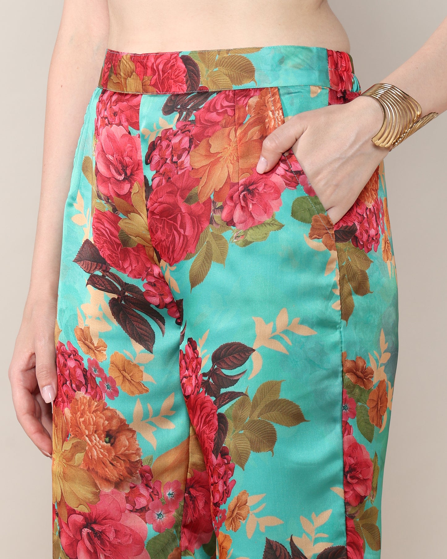 Sea green floral Georgette satin suit with organza dupatta set of 3