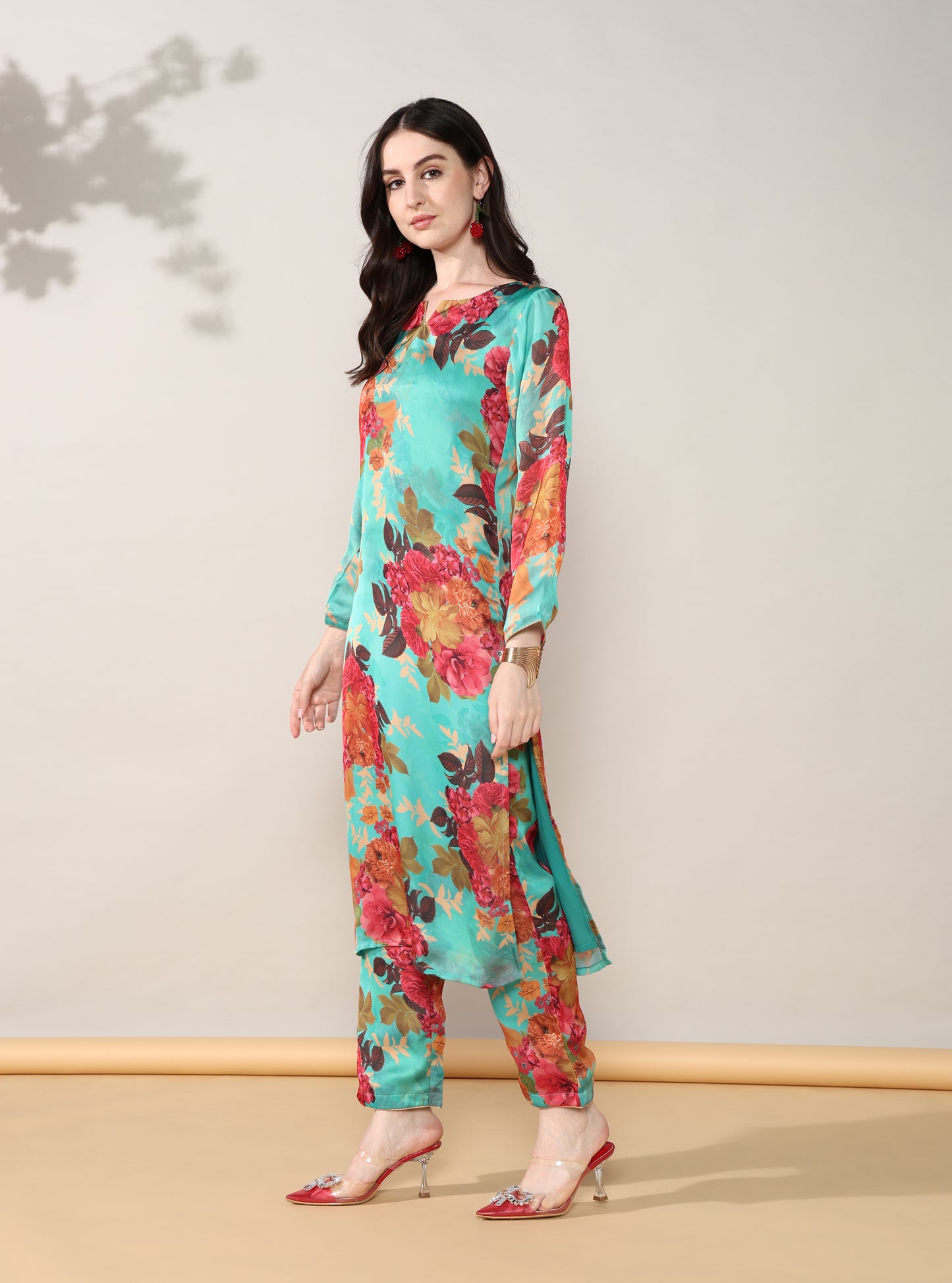 Sea green floral Georgette satin suit with organza dupatta set of 3