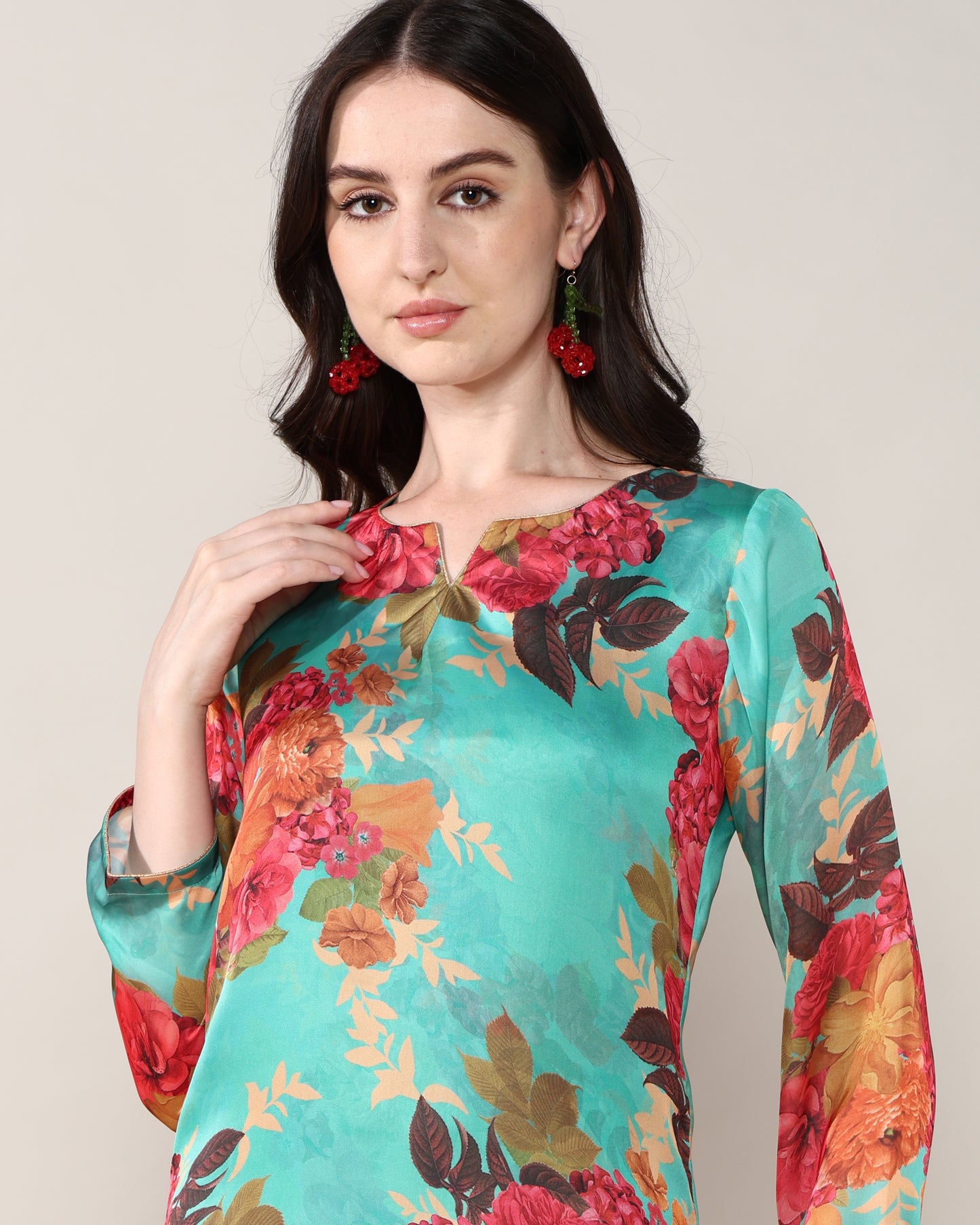 Sea green floral Georgette satin suit with organza dupatta set of 3