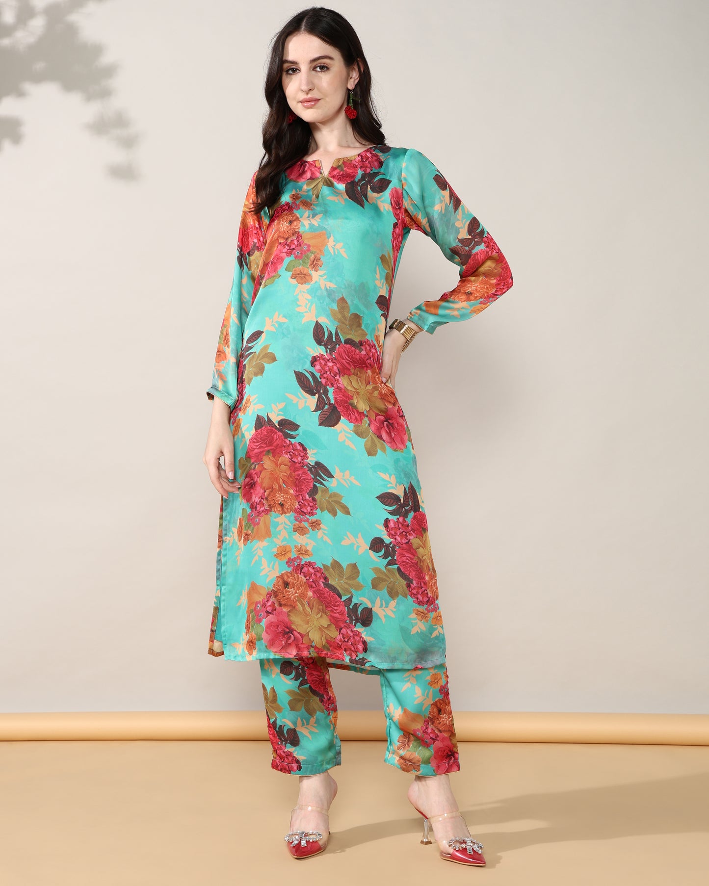 Sea green floral Georgette satin suit with organza dupatta set of 3