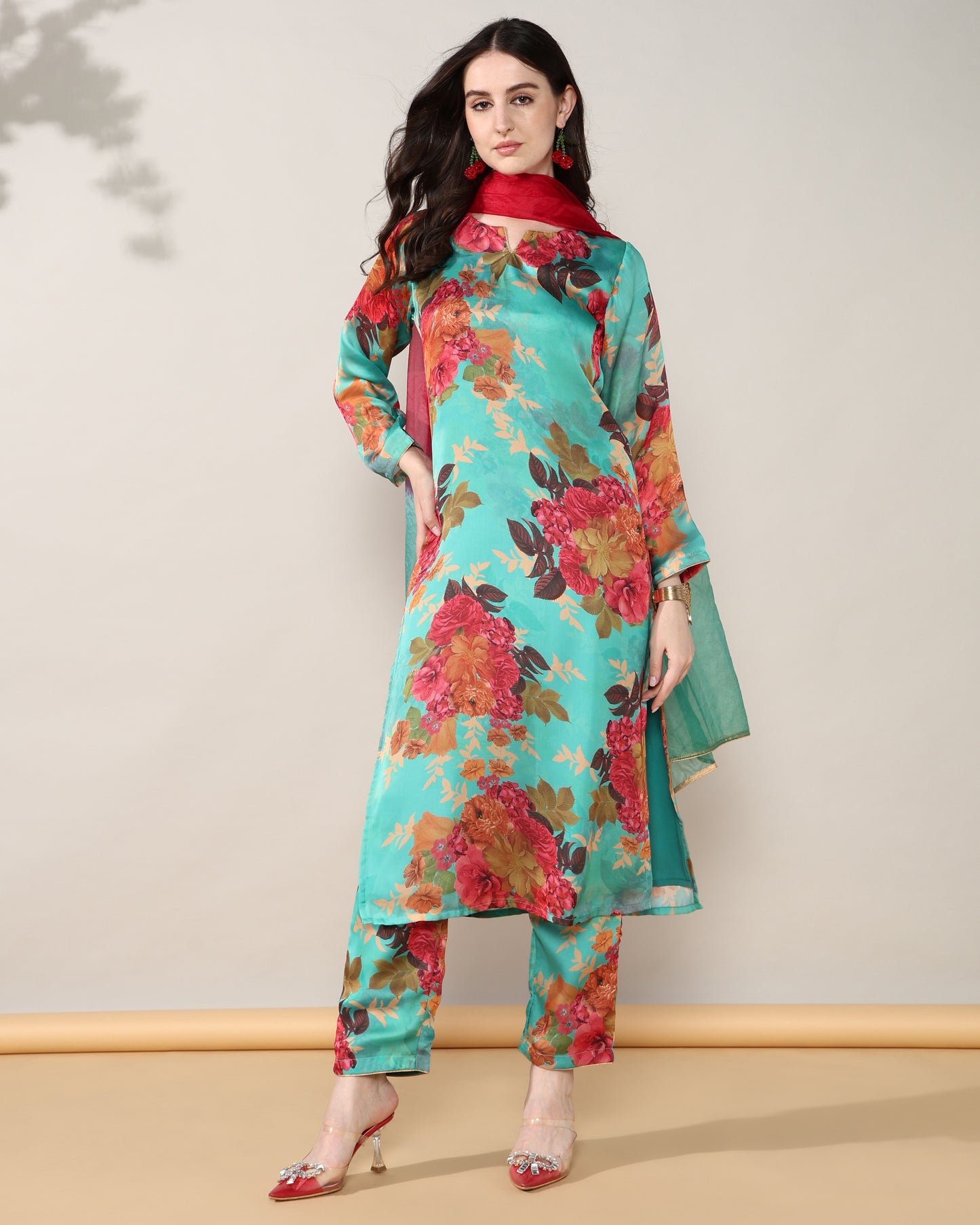 Sea green floral Georgette satin suit with organza dupatta set of 3