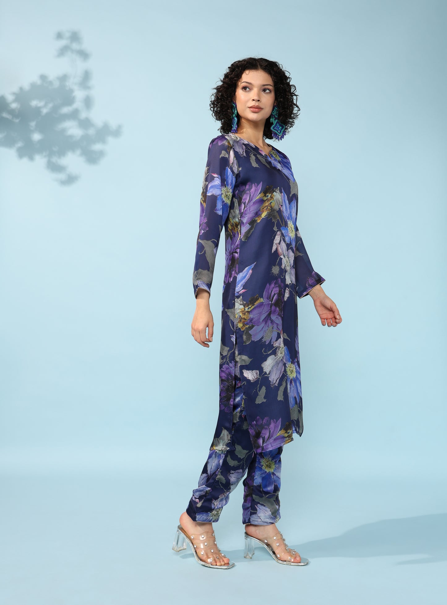 Navy blue floral Georgette suit with organza dupatta set of 3