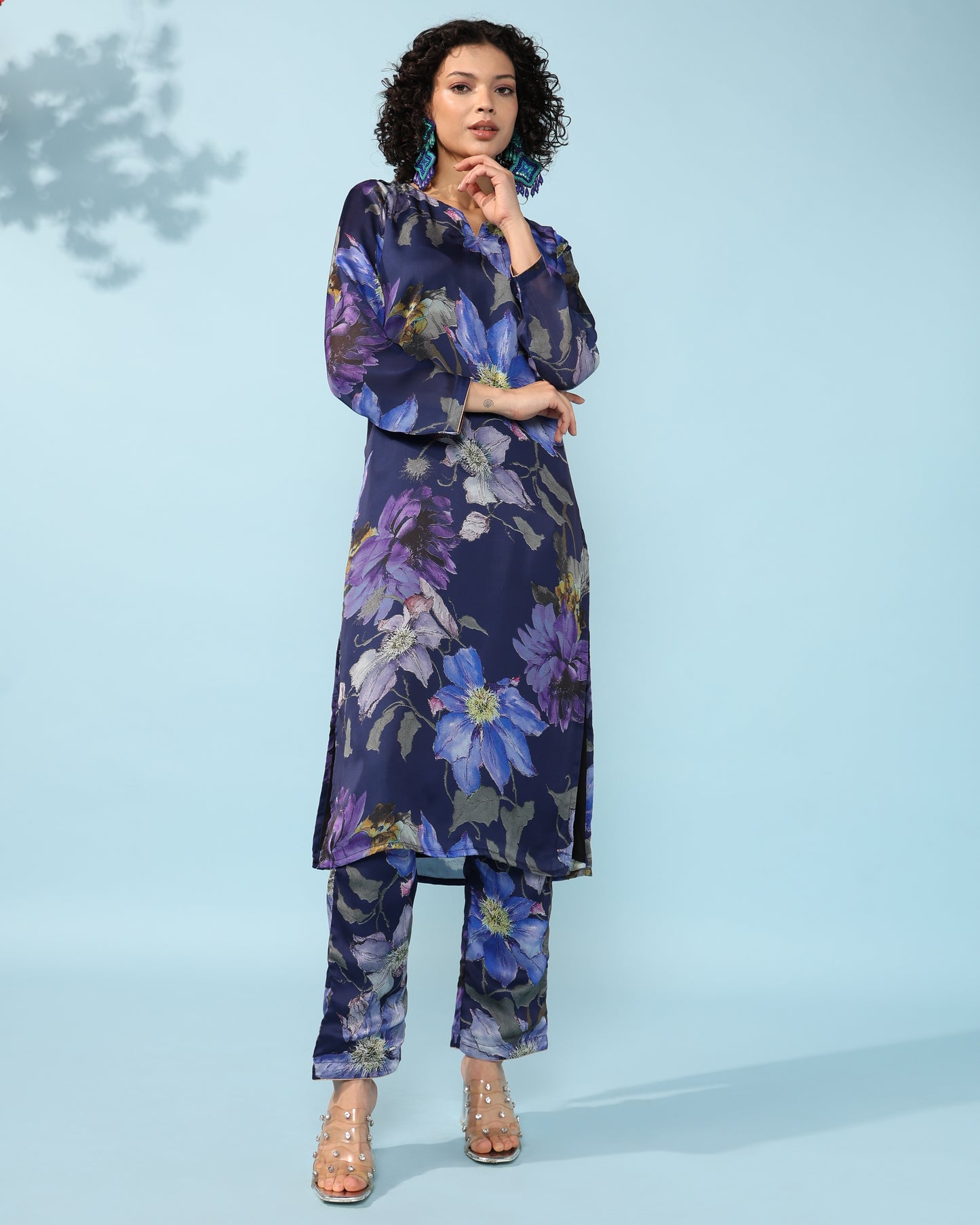 Navy blue floral Georgette suit with organza dupatta set of 3