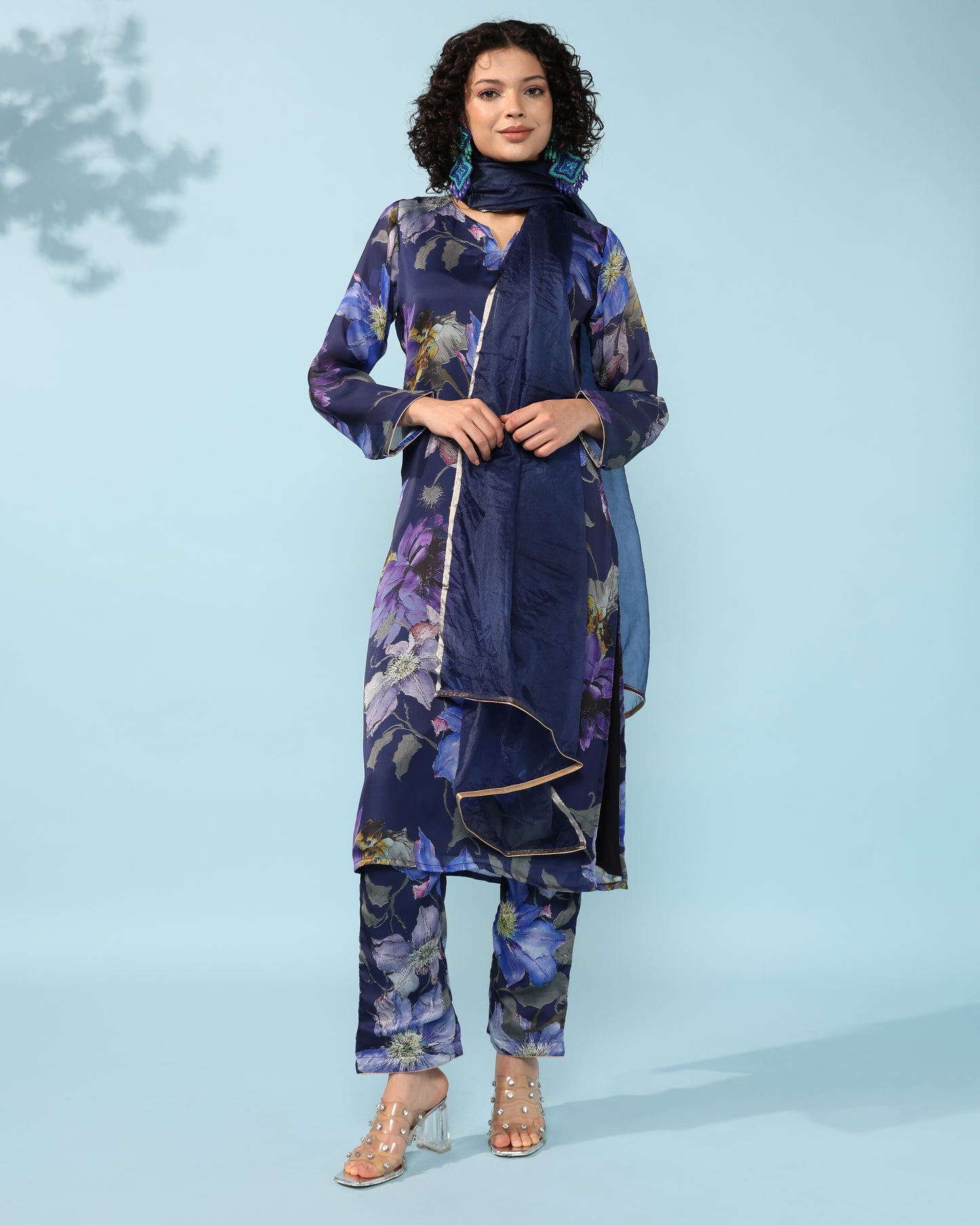 Navy blue floral Georgette suit with organza dupatta set of 3