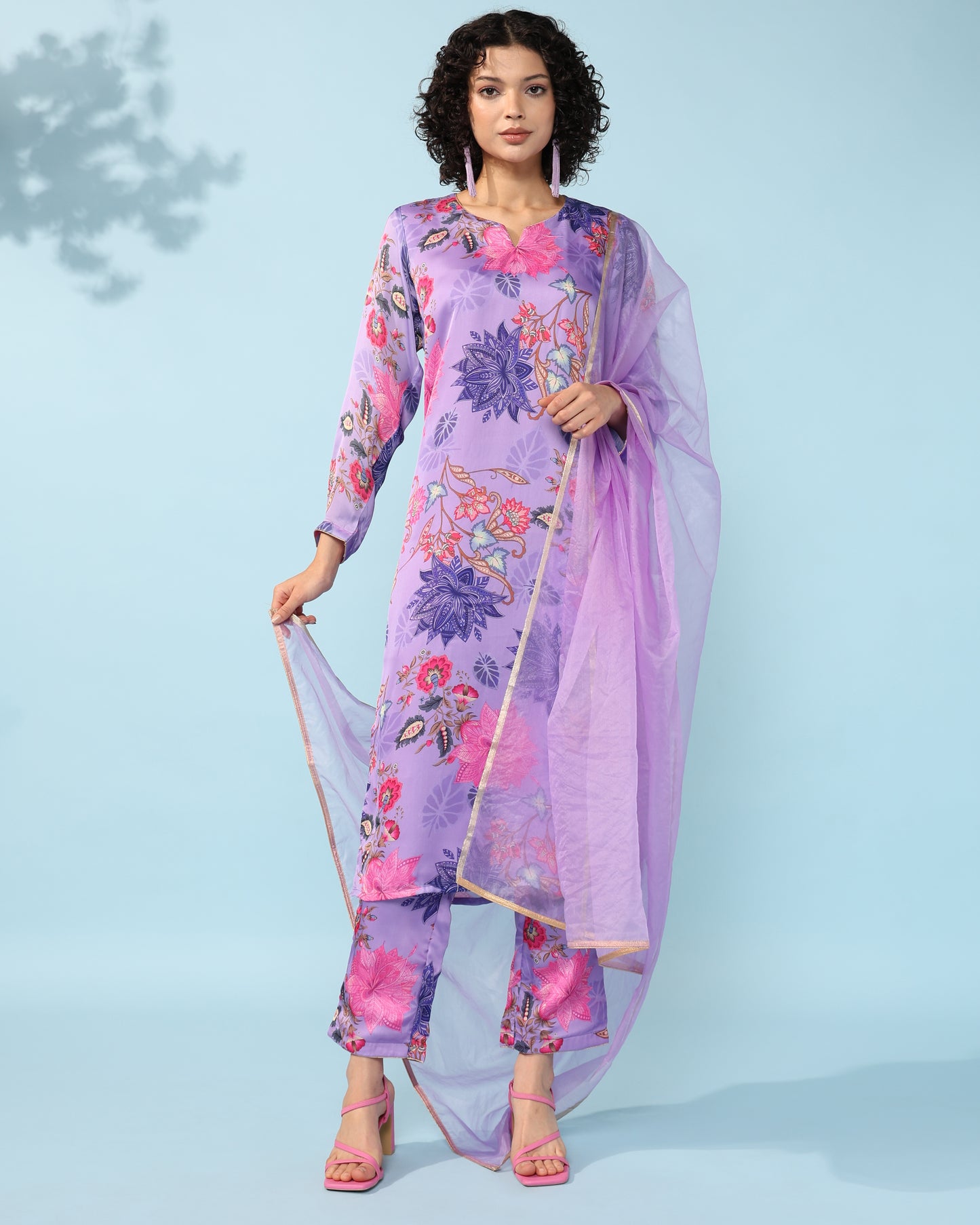 Lavender Georgette suit with organza dupatta set of 3