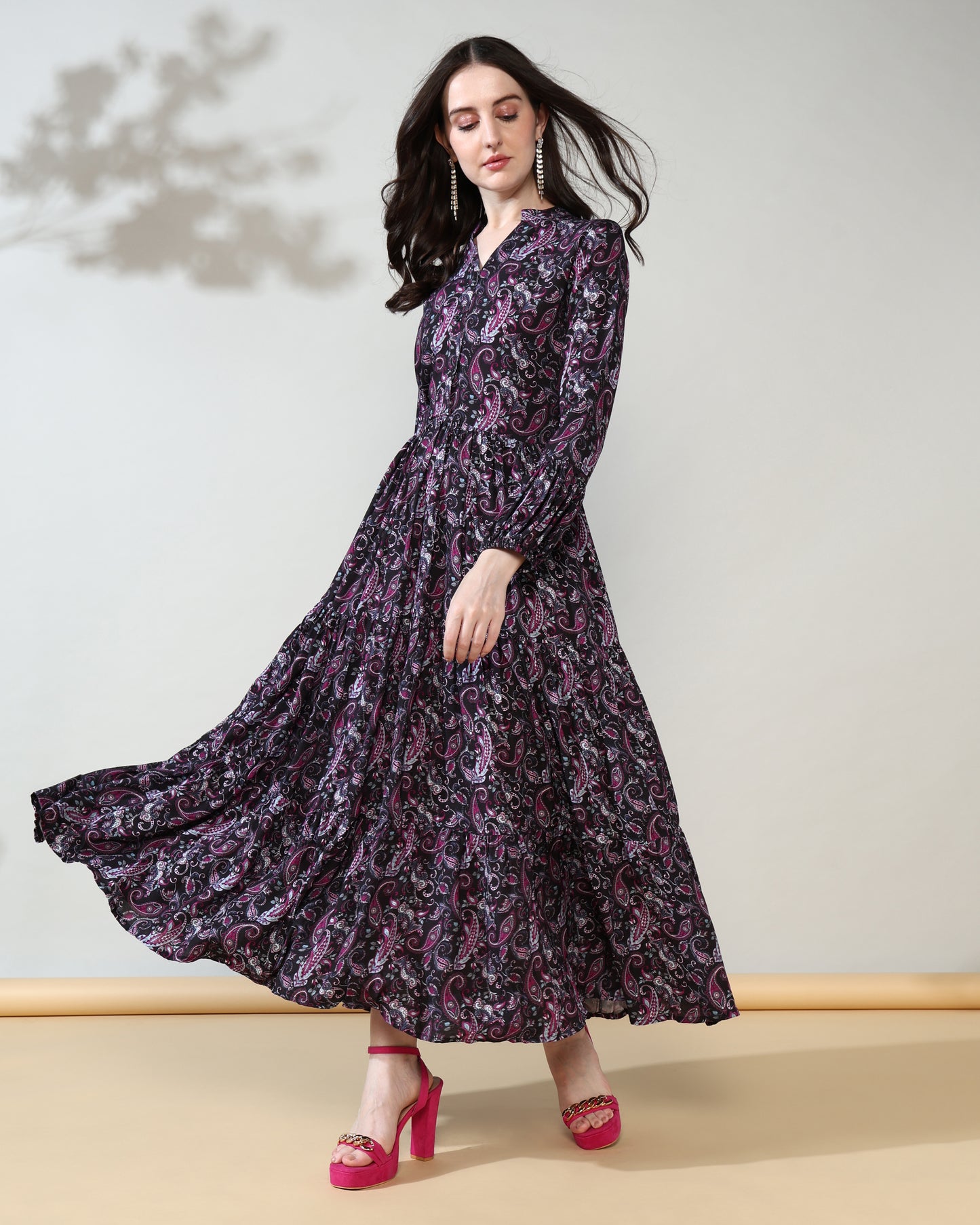 Black Paisley Rayon Long Dress