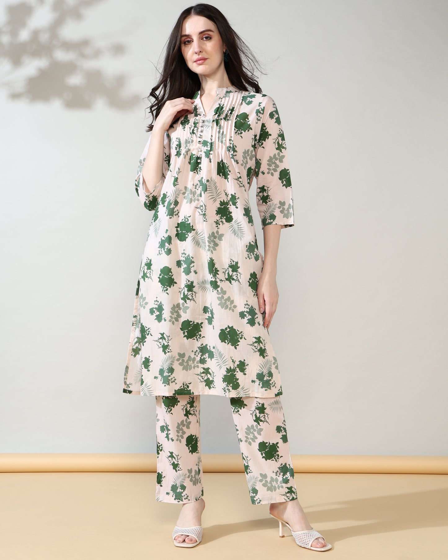 Beige Green Pure Cotton Suit Set of 2