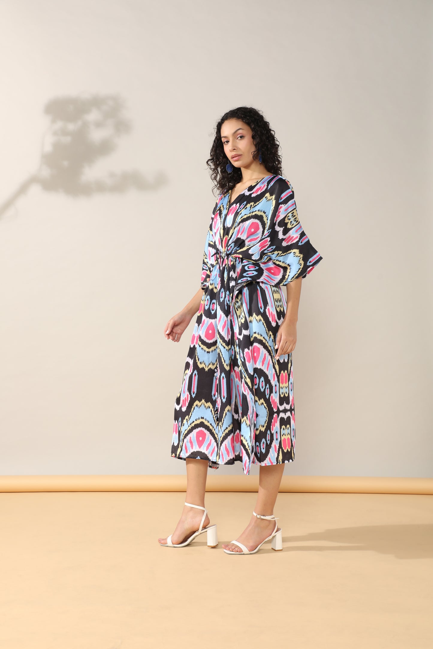 Ikkat Blue Satin linen Kaftan Dress