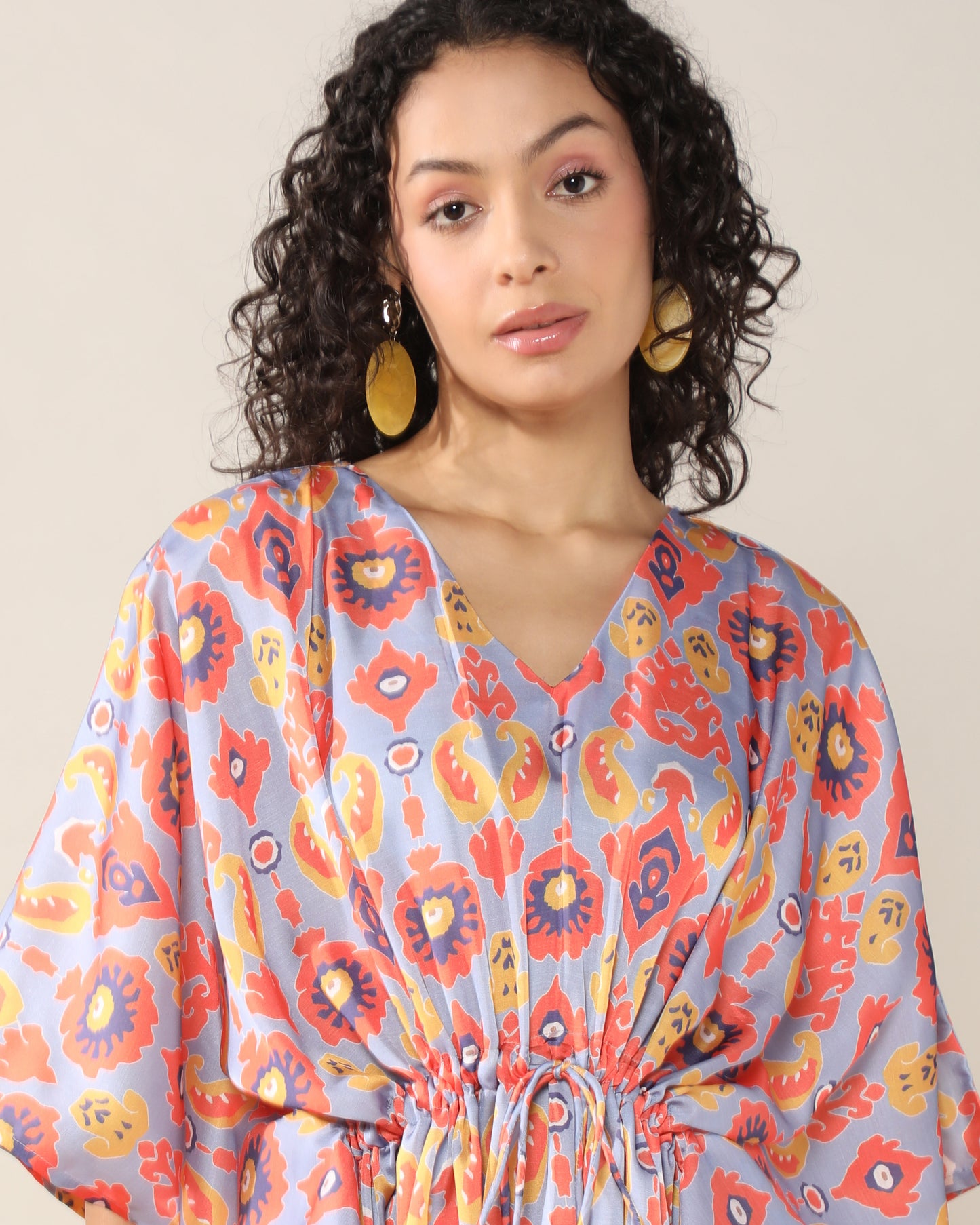 Ikkat Pink Satin linen Kaftan Dress