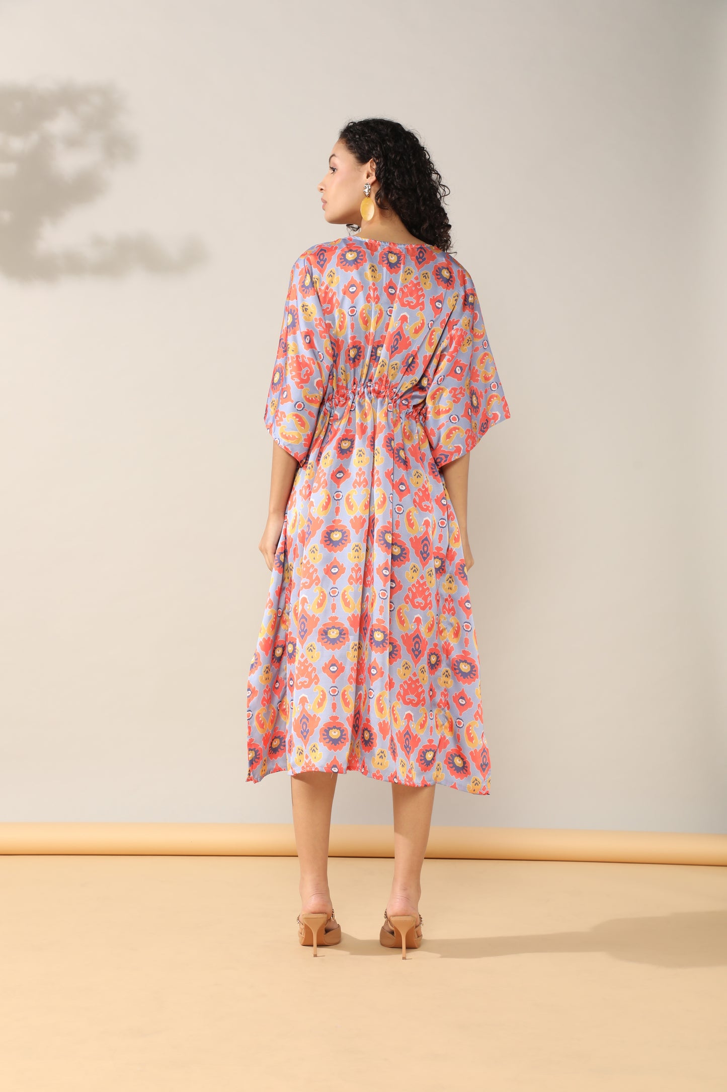 Ikkat Pink Satin linen Kaftan Dress