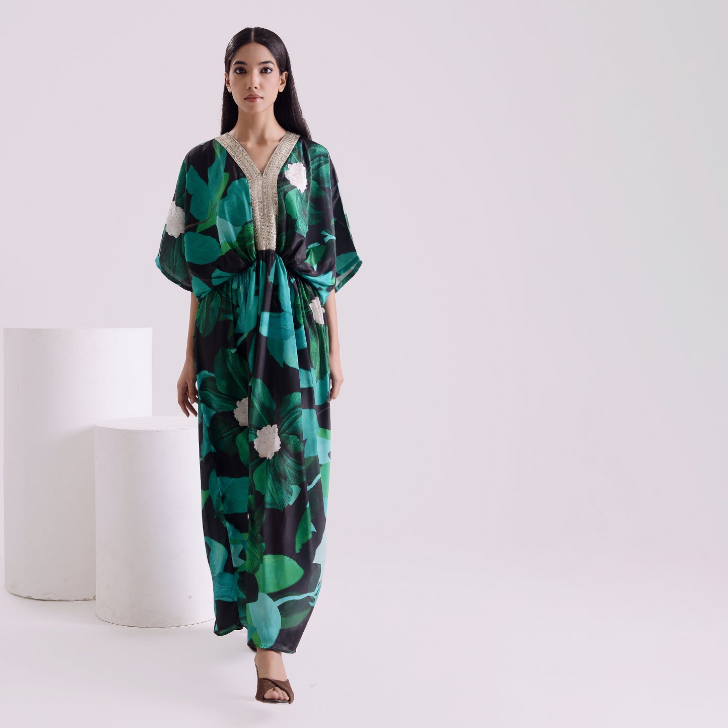 Blackish green silk long kaftan