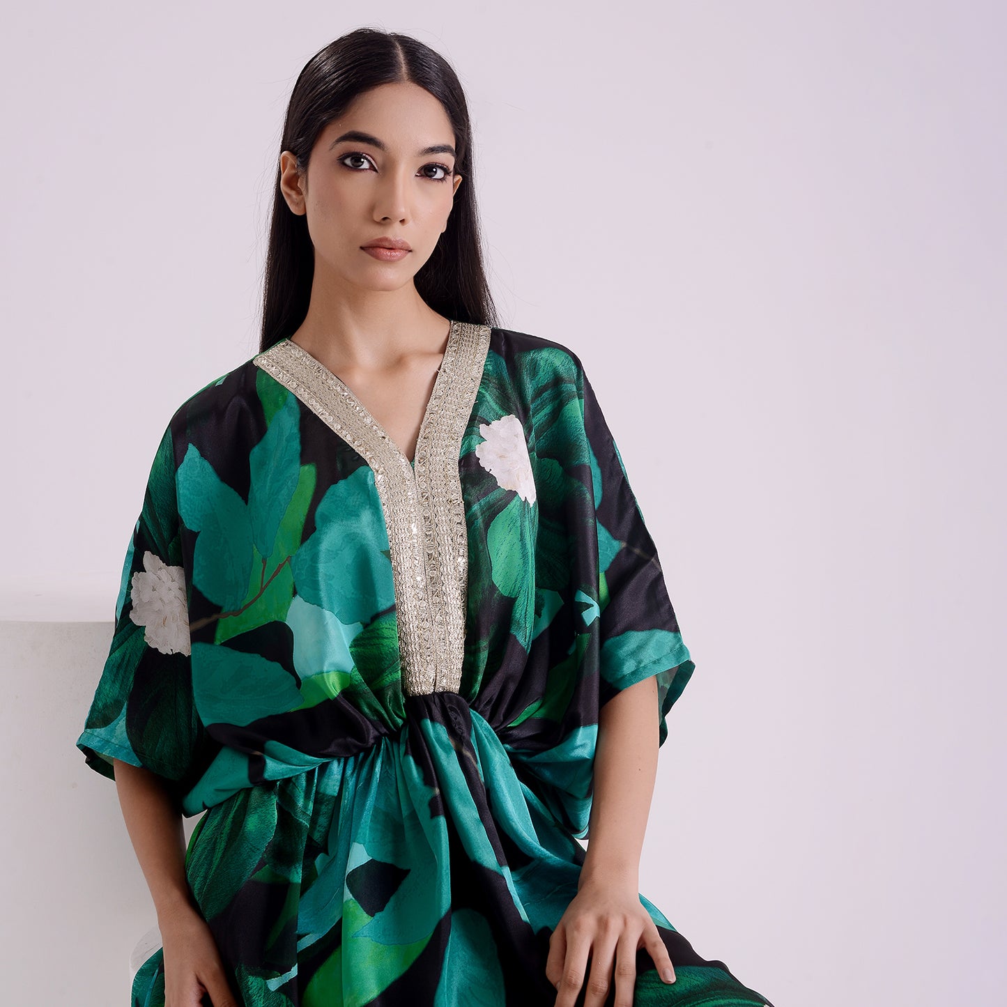 Blackish green silk long kaftan