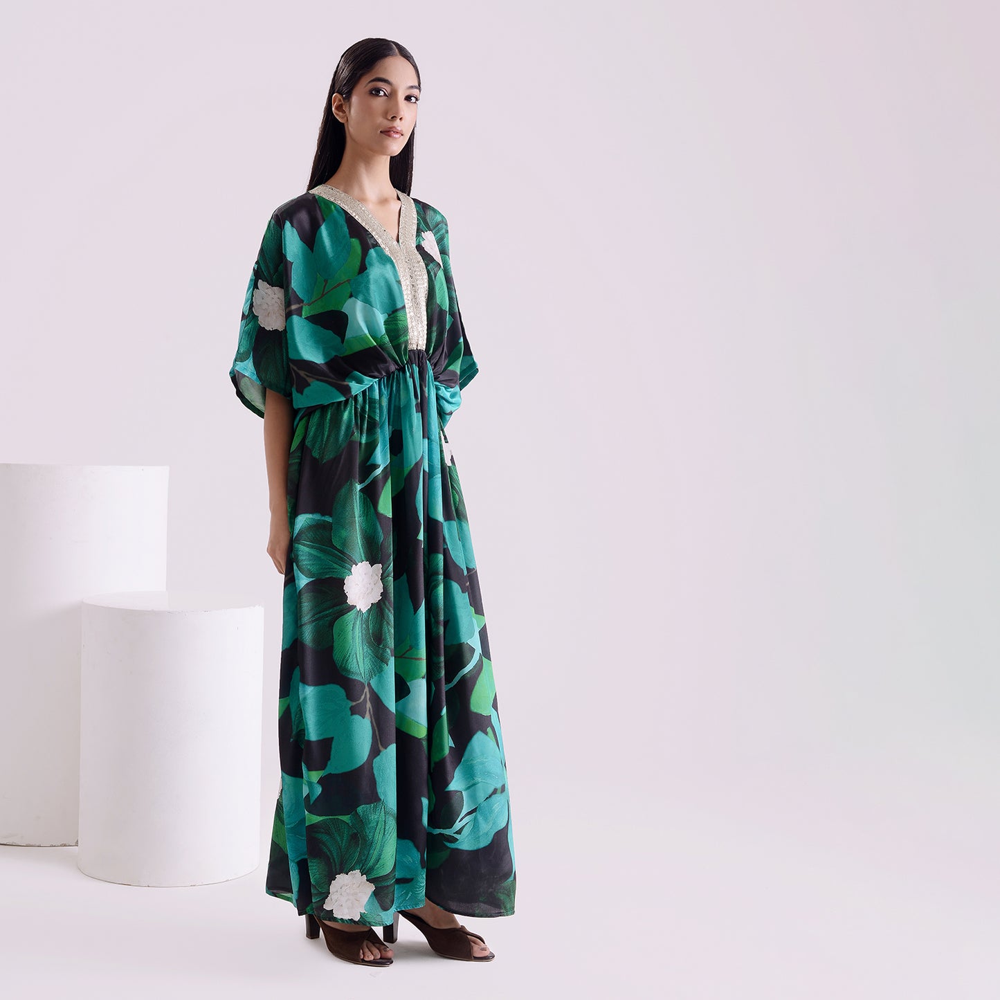 Blackish green silk long kaftan