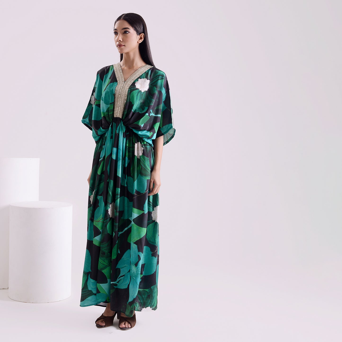 Blackish green silk long kaftan