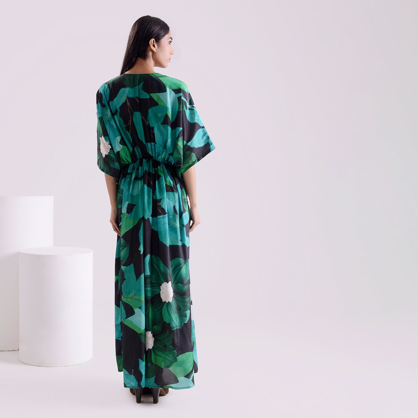 Blackish green silk long kaftan