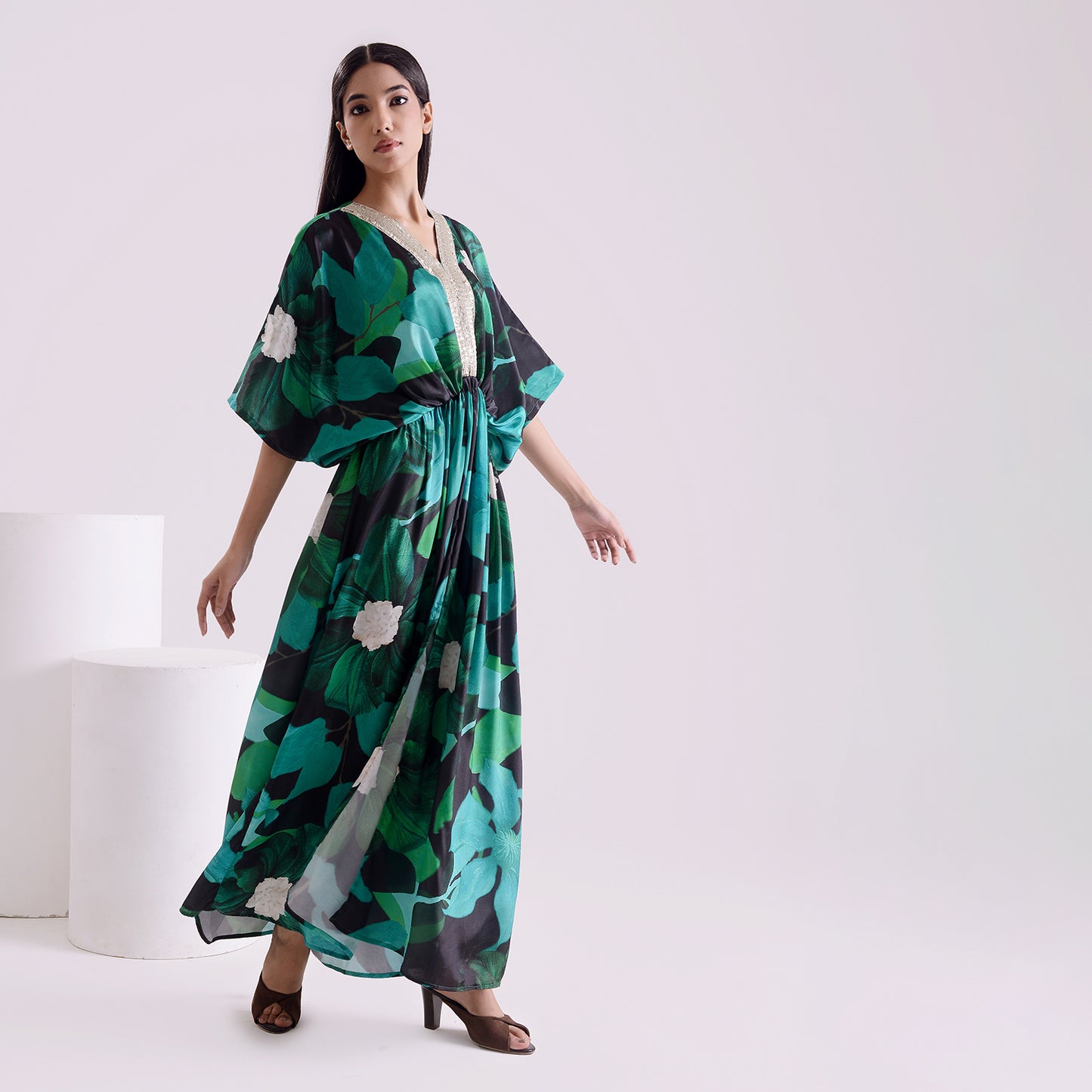 Blackish green silk long kaftan