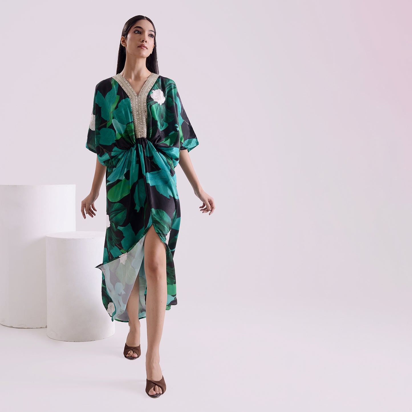 Blackish green silk long kaftan