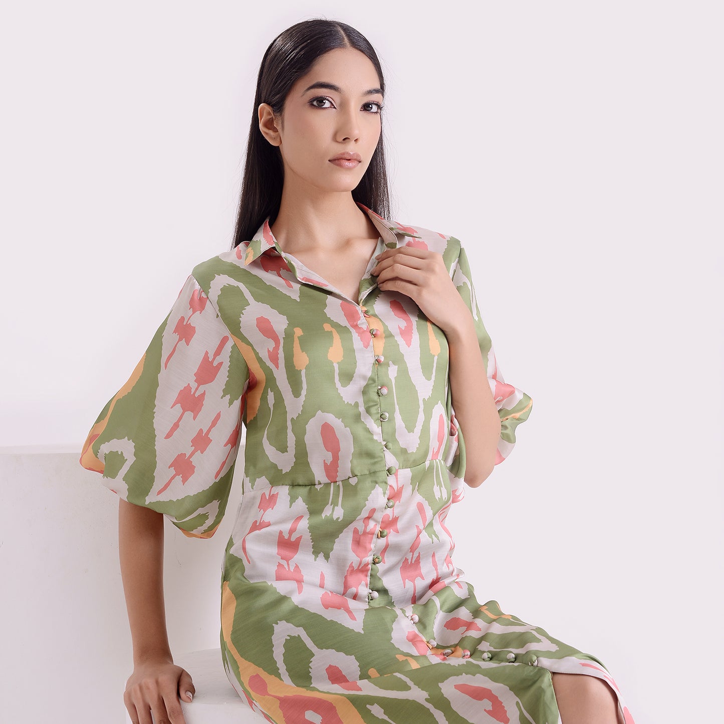Ocean green Ikkat print satin linen long dress