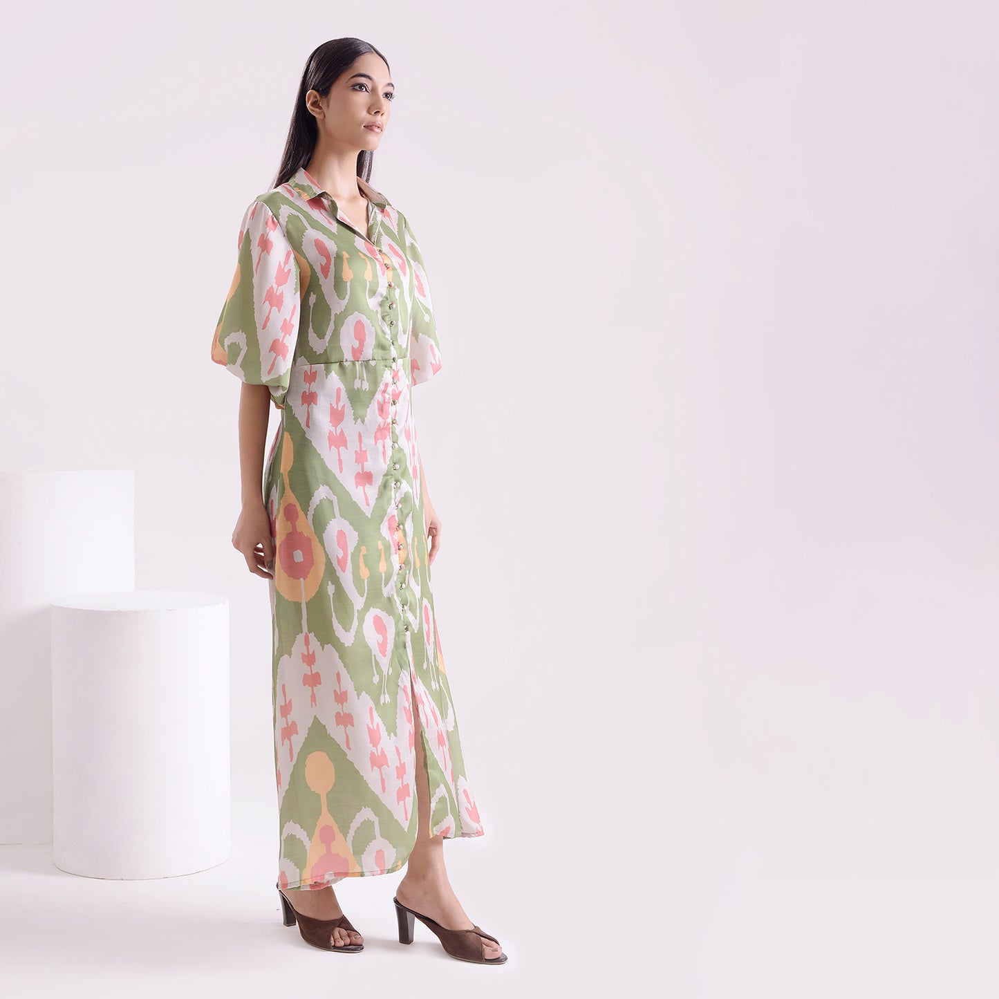 Ocean green Ikkat print satin linen long dress