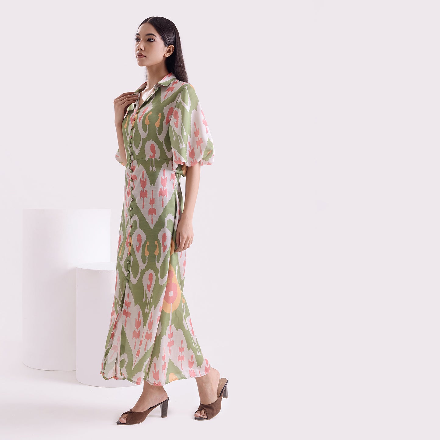 Ocean green Ikkat print satin linen long dress