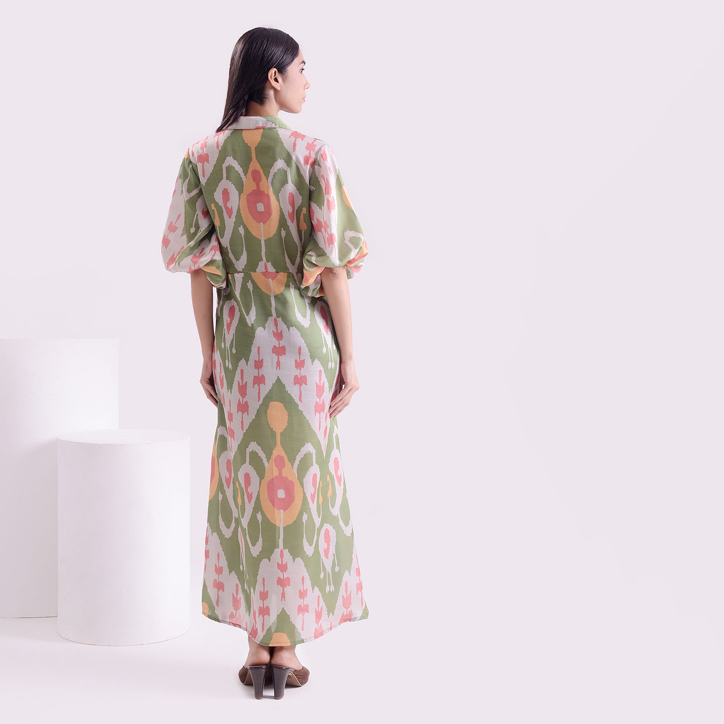 Ocean green Ikkat print satin linen long dress