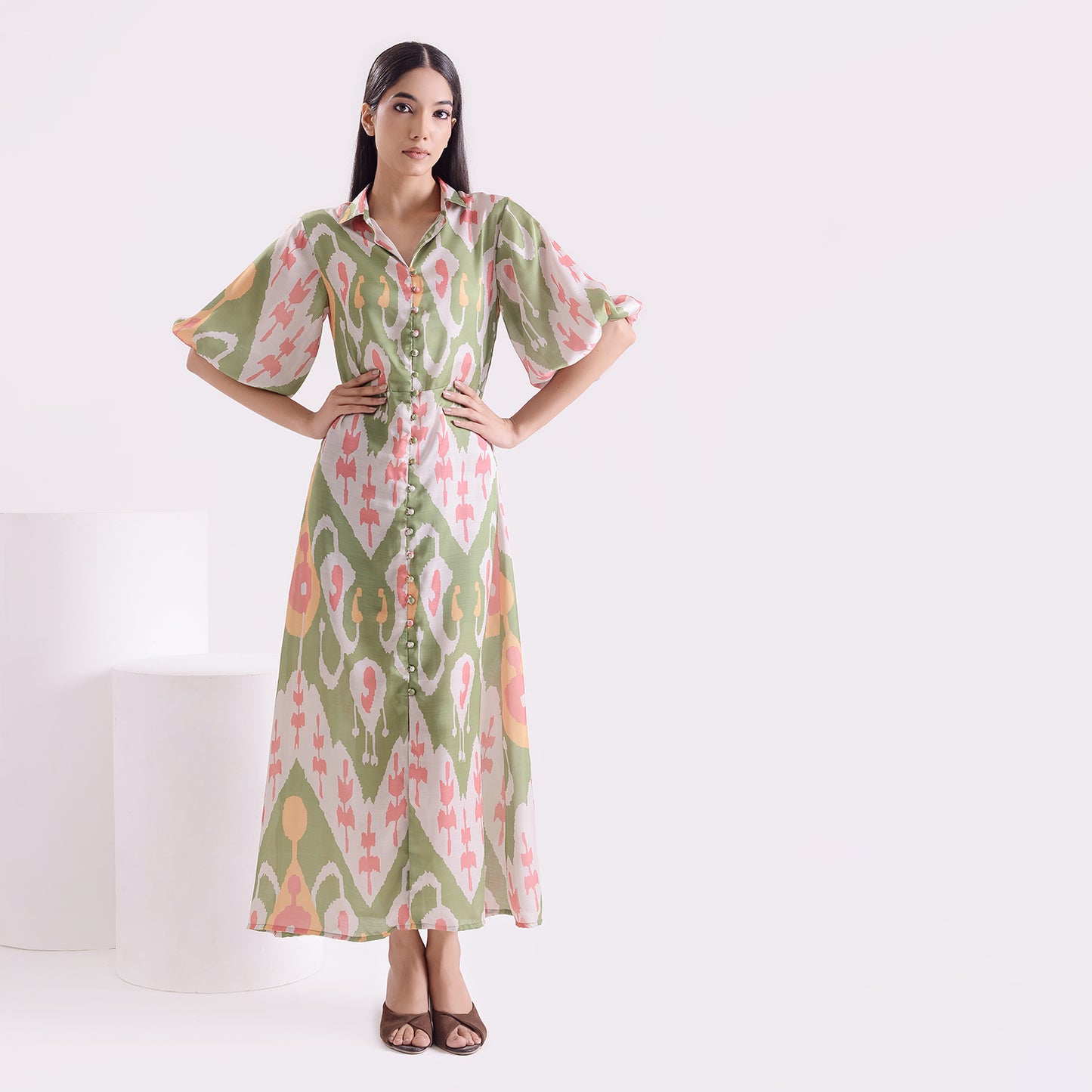Ocean green Ikkat print satin linen long dress