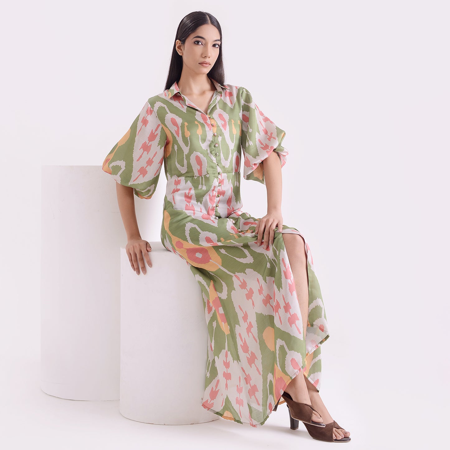 Ocean green Ikkat print satin linen long dress
