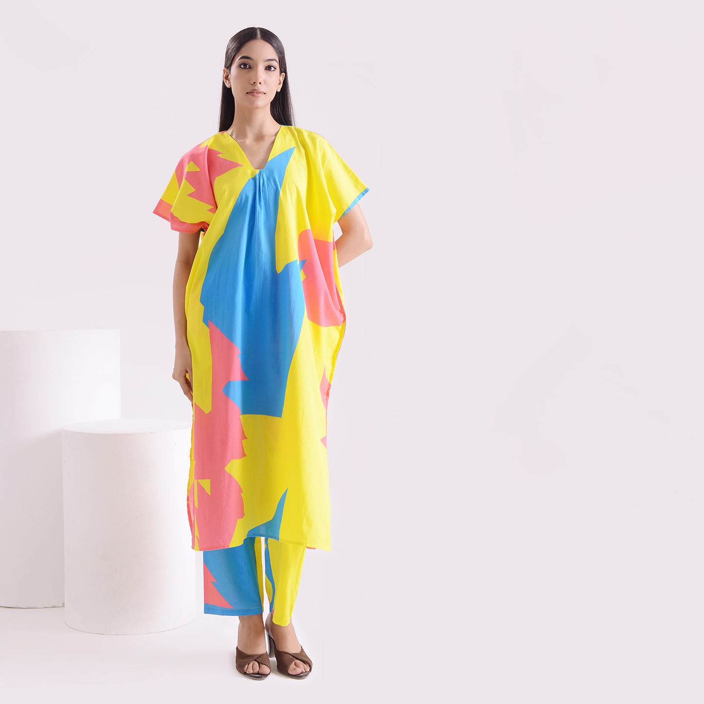 Lime pinky blue poplin Kaftan style suit set of 2