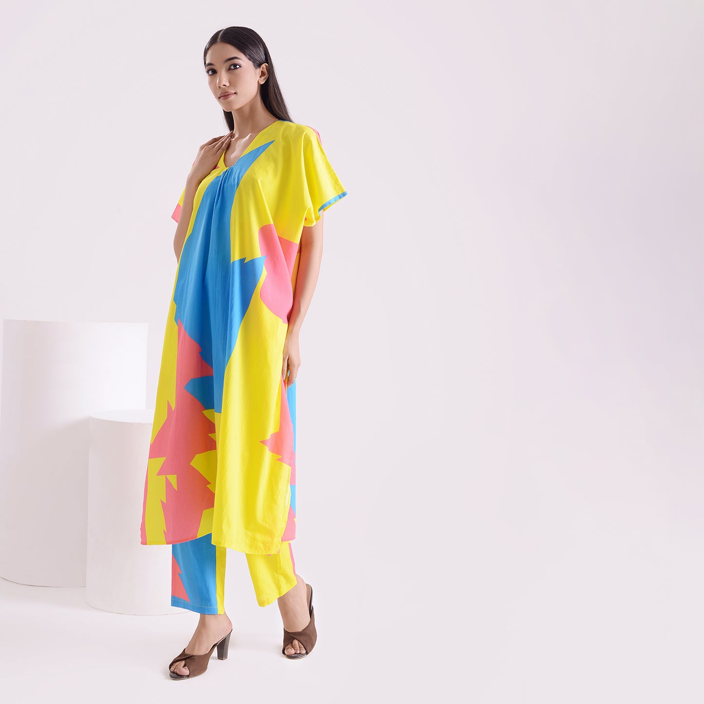 Lime pinky blue poplin Kaftan style suit set of 2