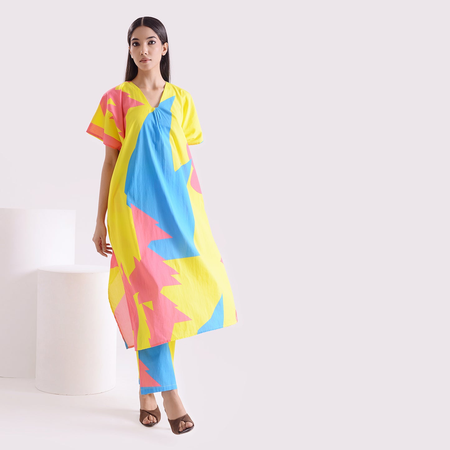 Lime pinky blue poplin Kaftan style suit set of 2