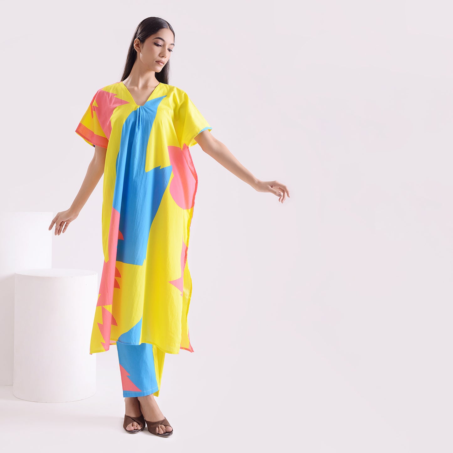 Lime pinky blue poplin Kaftan style suit set of 2